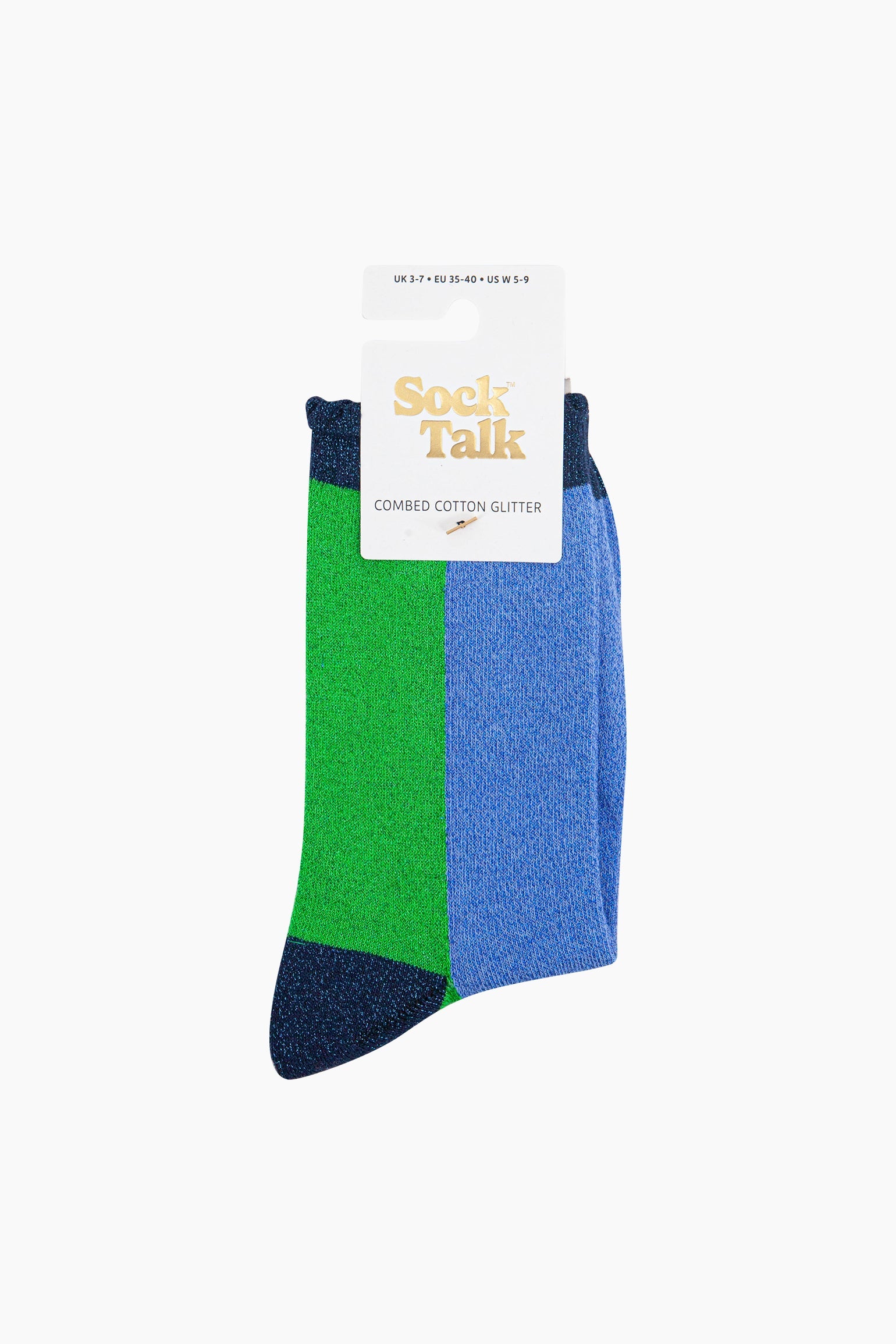 Colour-Block-Combed-Cotton-Glitter-Socks-in-Lime-Denim-Blue-in-packaging