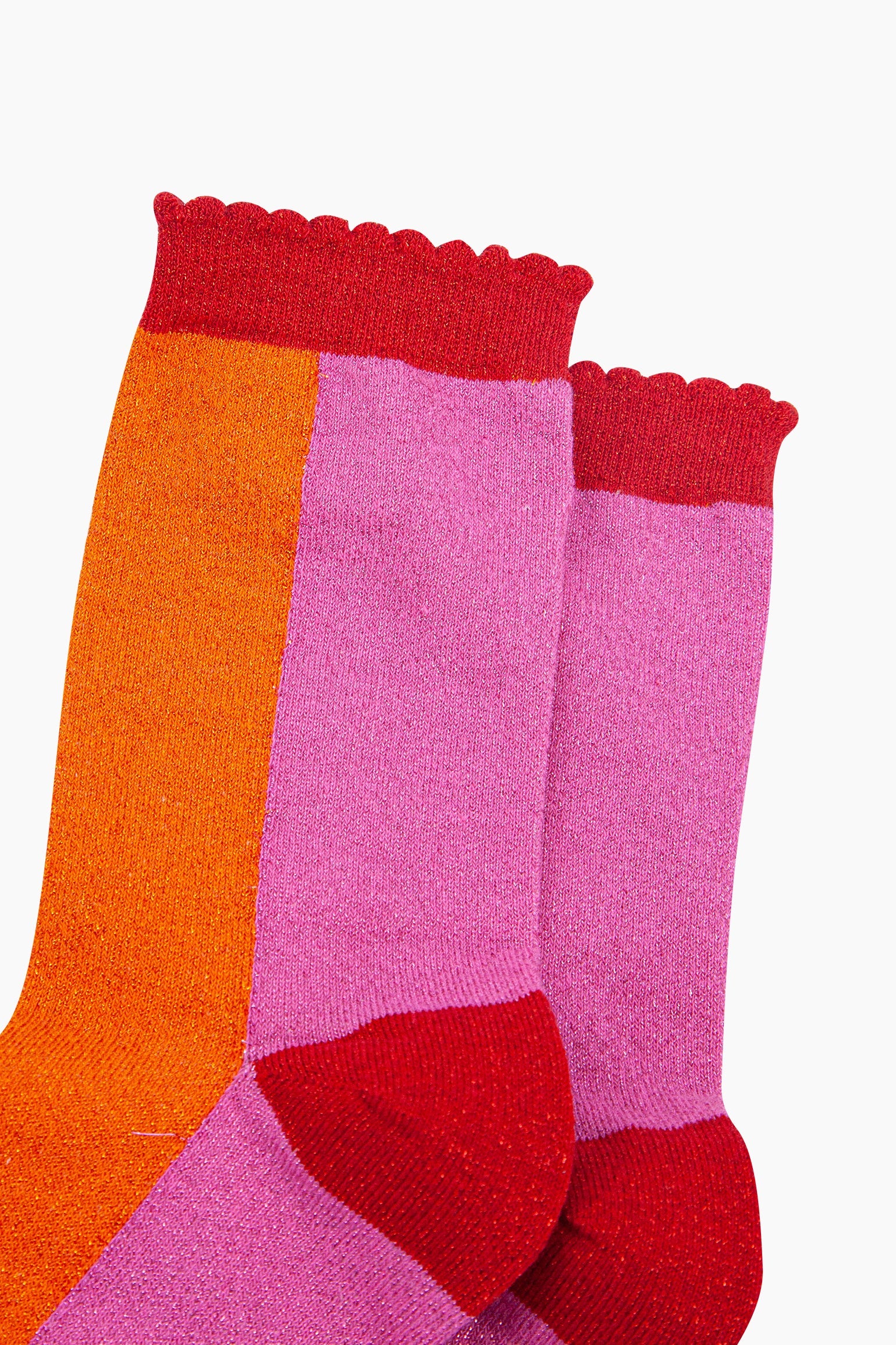 Colour-Block-Combed-Cotton-Glitter-Socks-in-Orange-Pink-Closeup