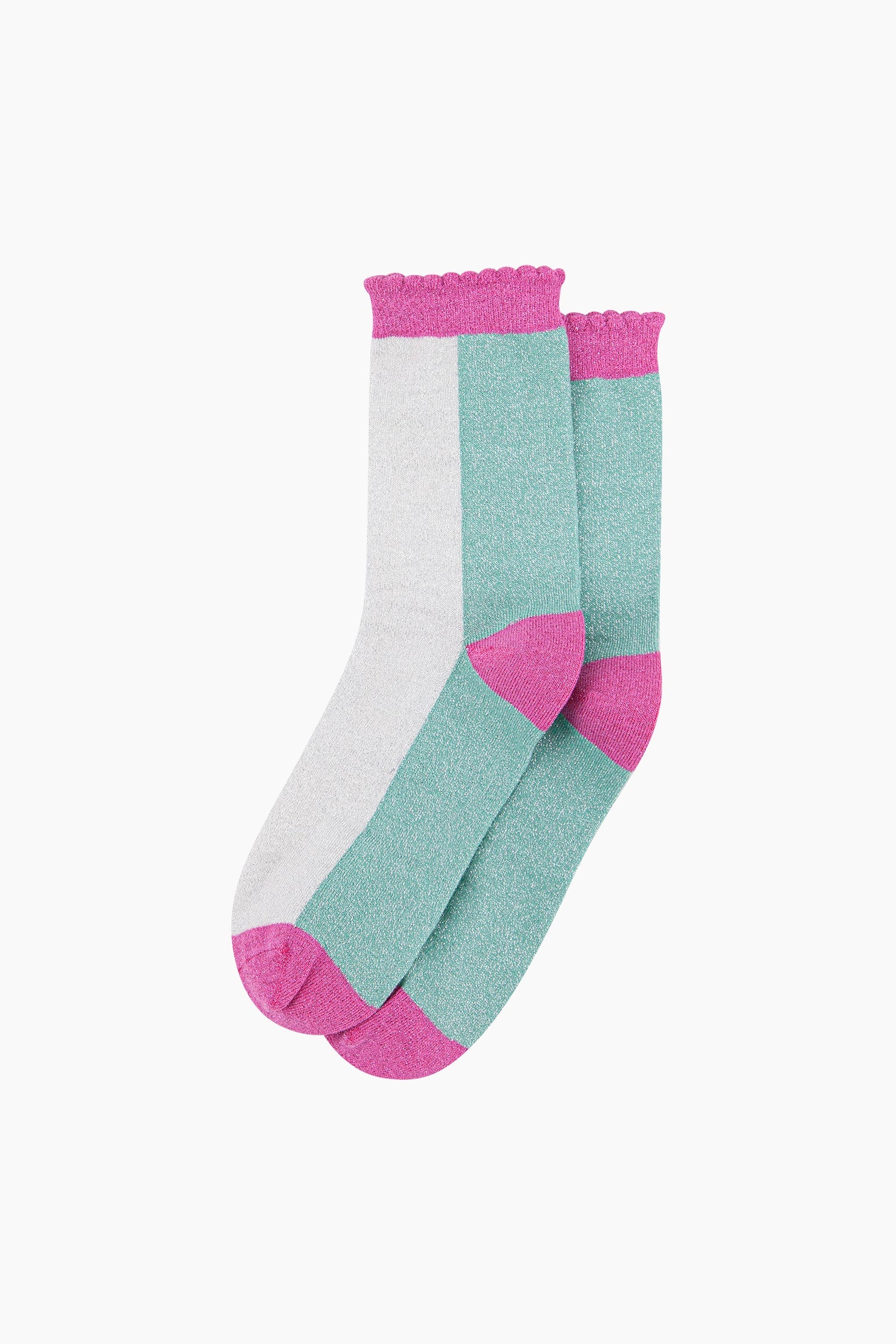 Colour-Block-Combed-Cotton-Glitter-Socks-in-Sage-Green-Hot-Pink-flat-lay