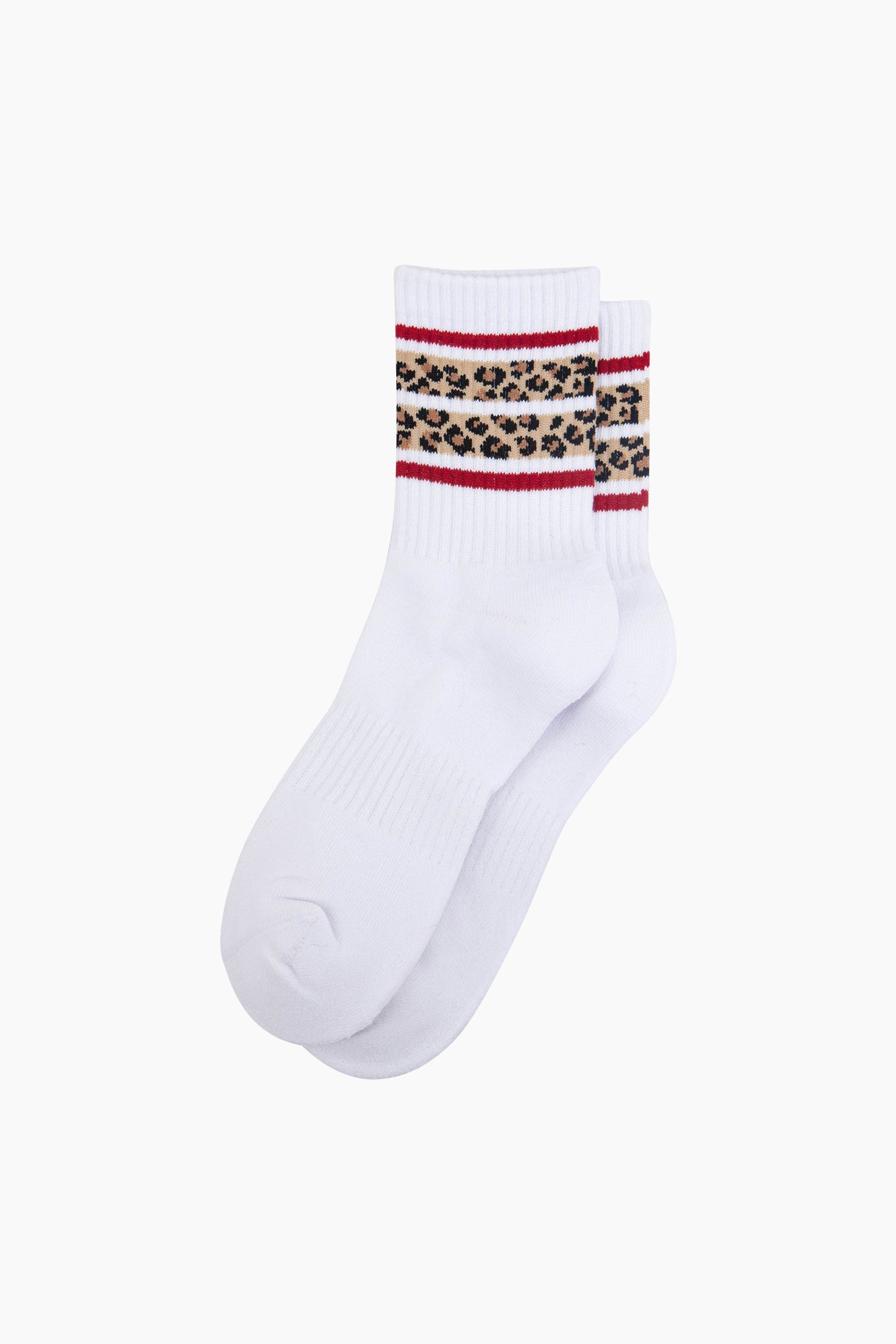 Leopard-Print-Striped-Combed-Cotton-Sports-Socks-in-White-Lying-Flat