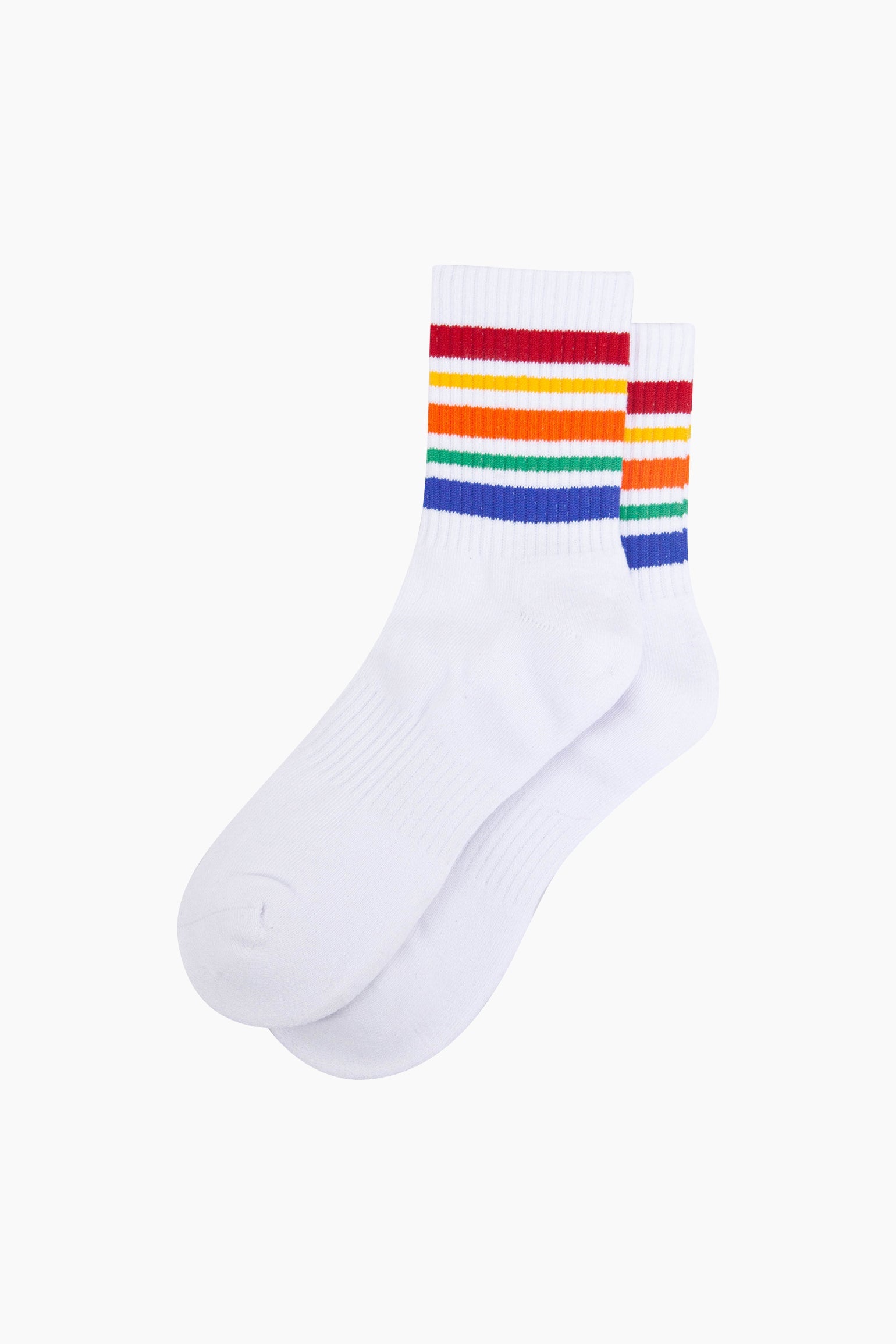 Rainbow-Striped-Combed-Cotton-Sports-Socks-in-White-Lying-Flat
