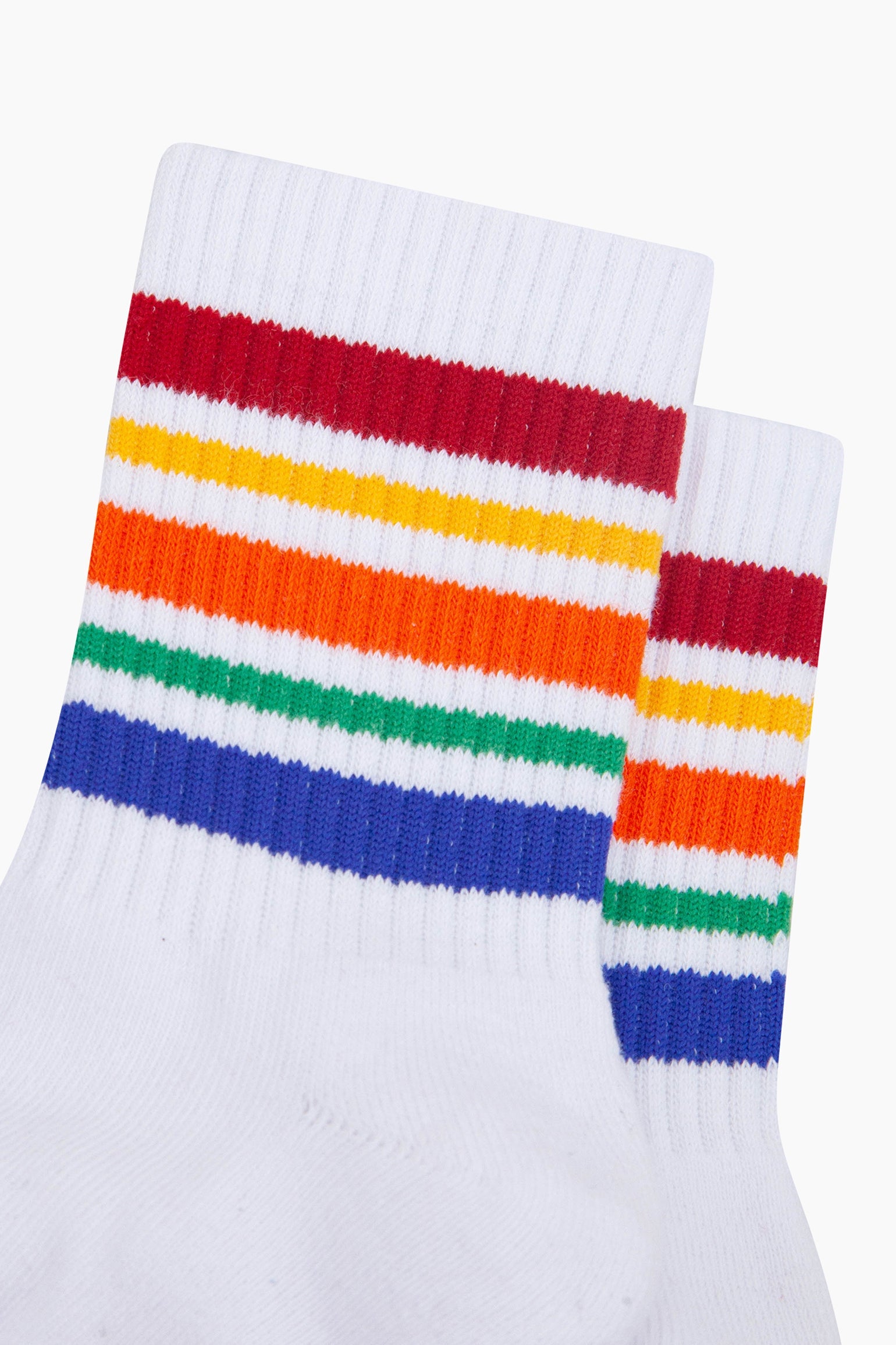 Rainbow-Striped-Combed-Cotton-Sports-Socks-in-White-Closeup