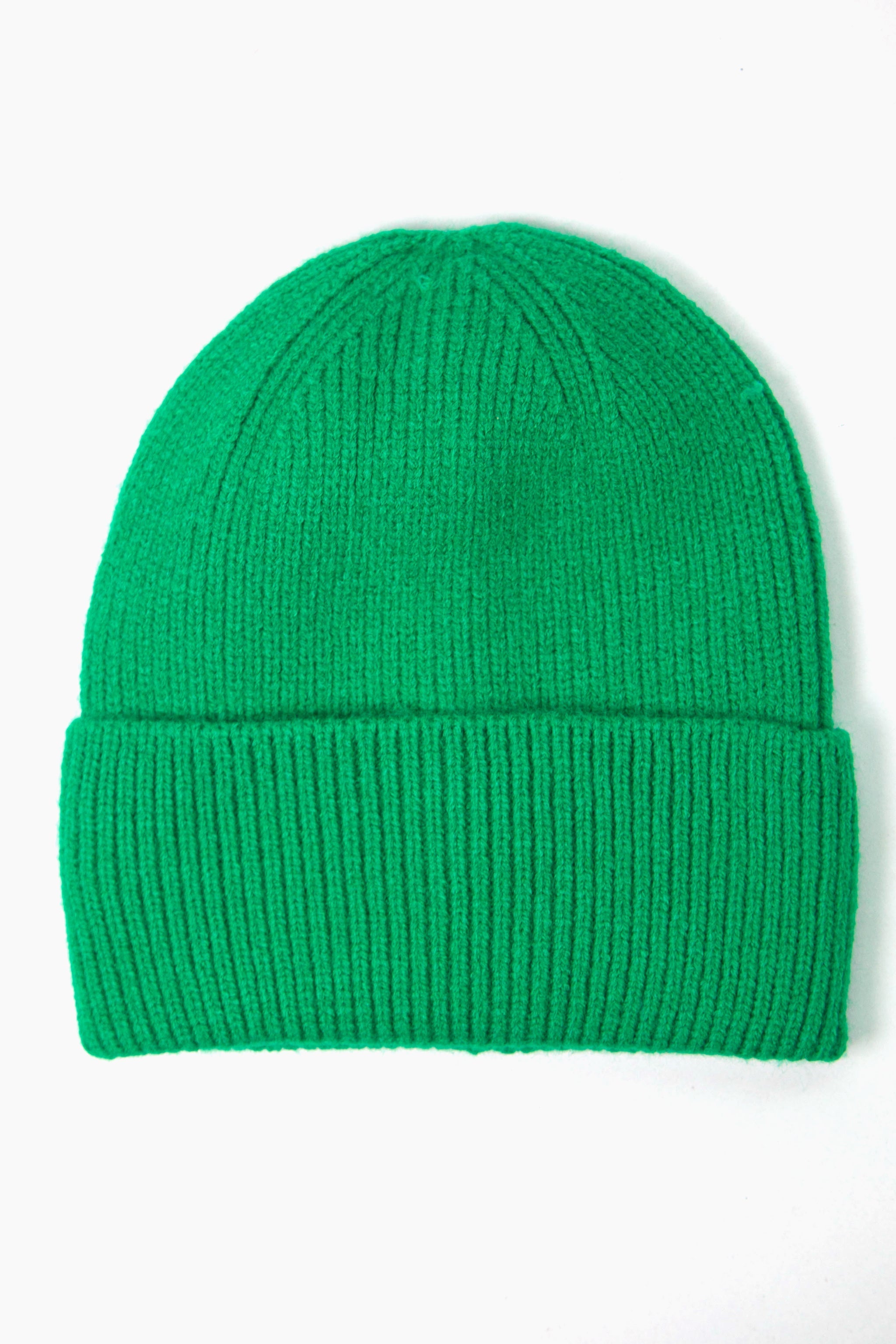 plain bright green knitted beanie hat with a foldable brim