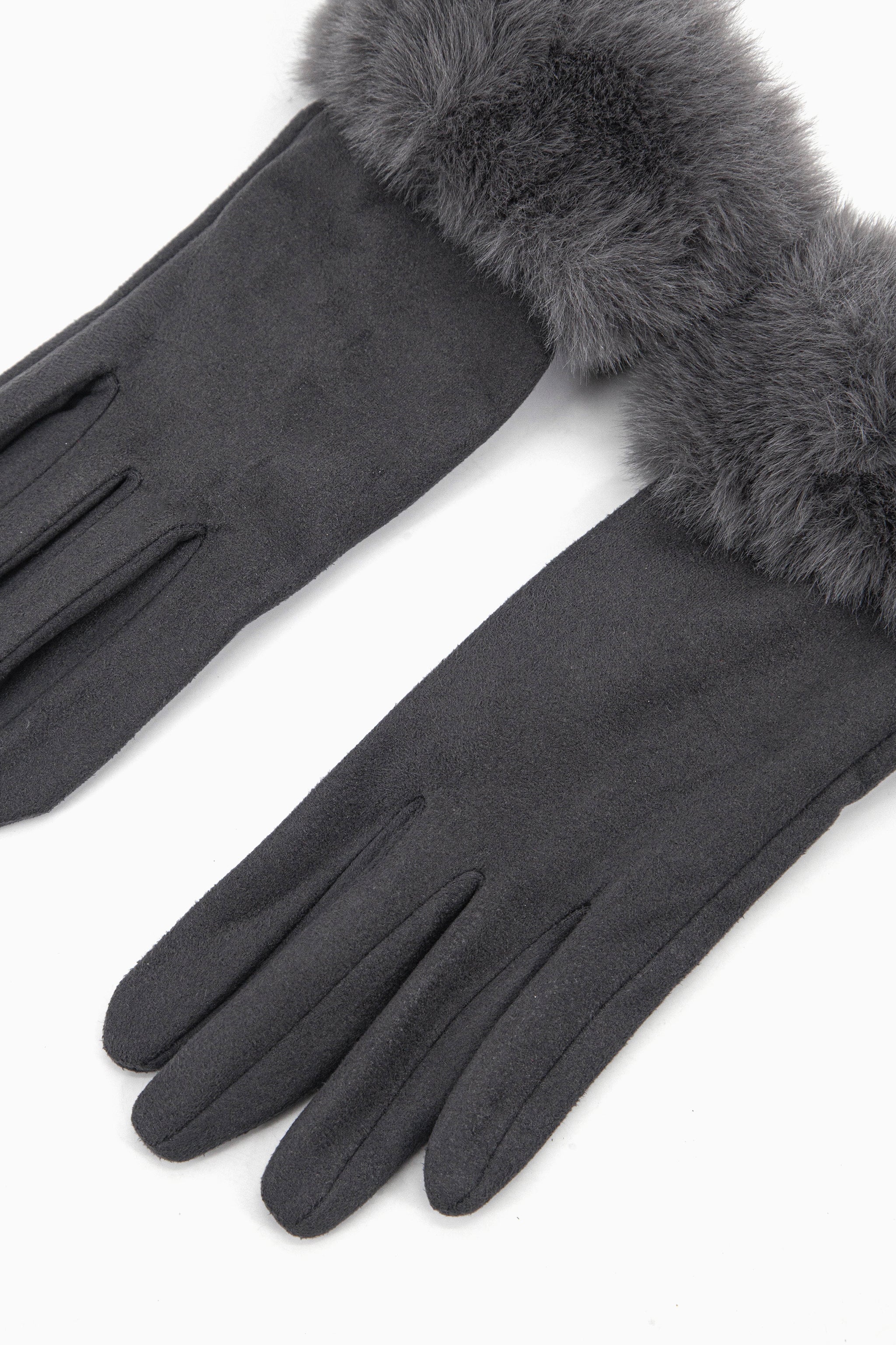 dark grey velvet textured winter gloves with faux fur trim cuffs