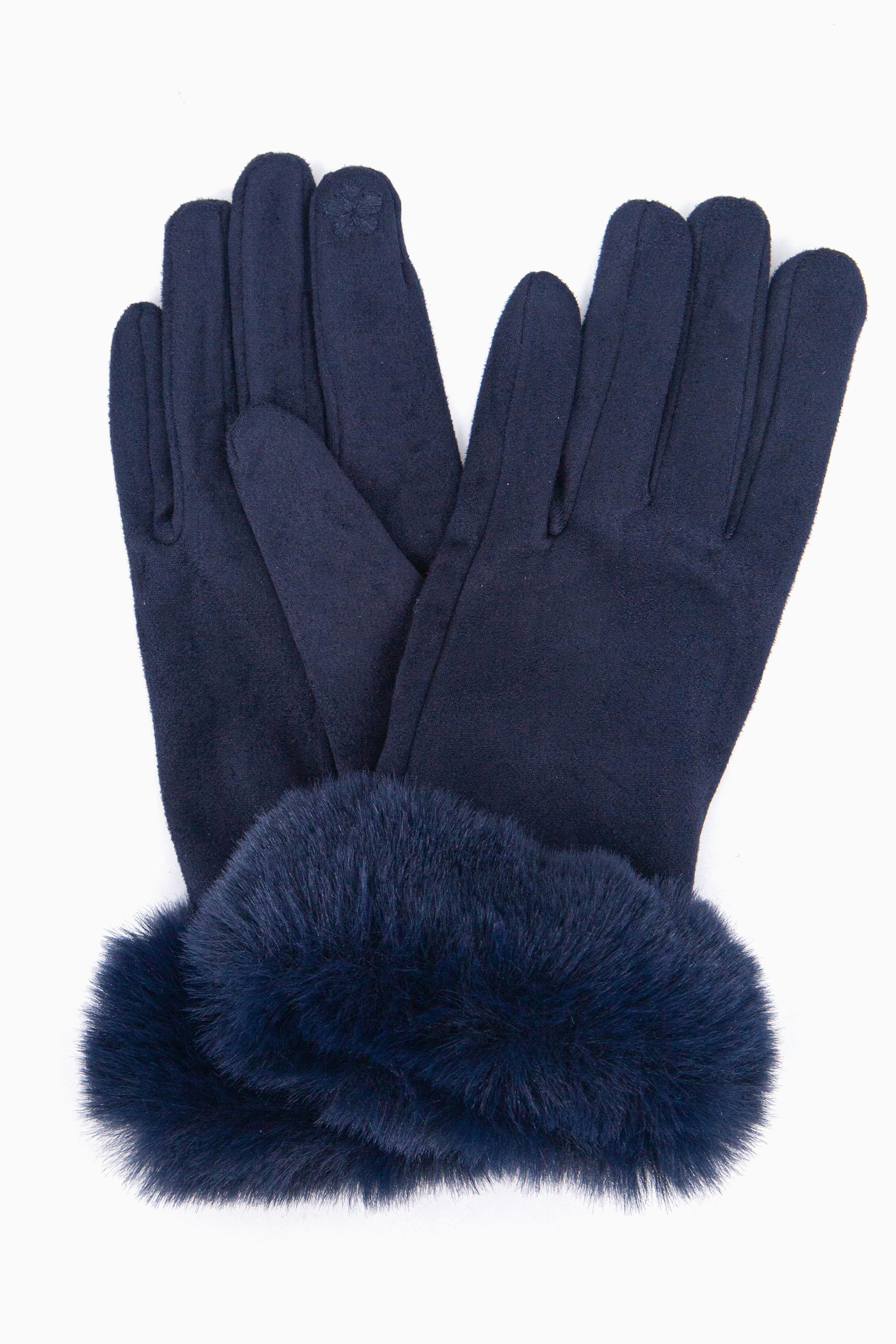 a close up of the velvet winter gloves showing up close the faux fur trim around the wrists.