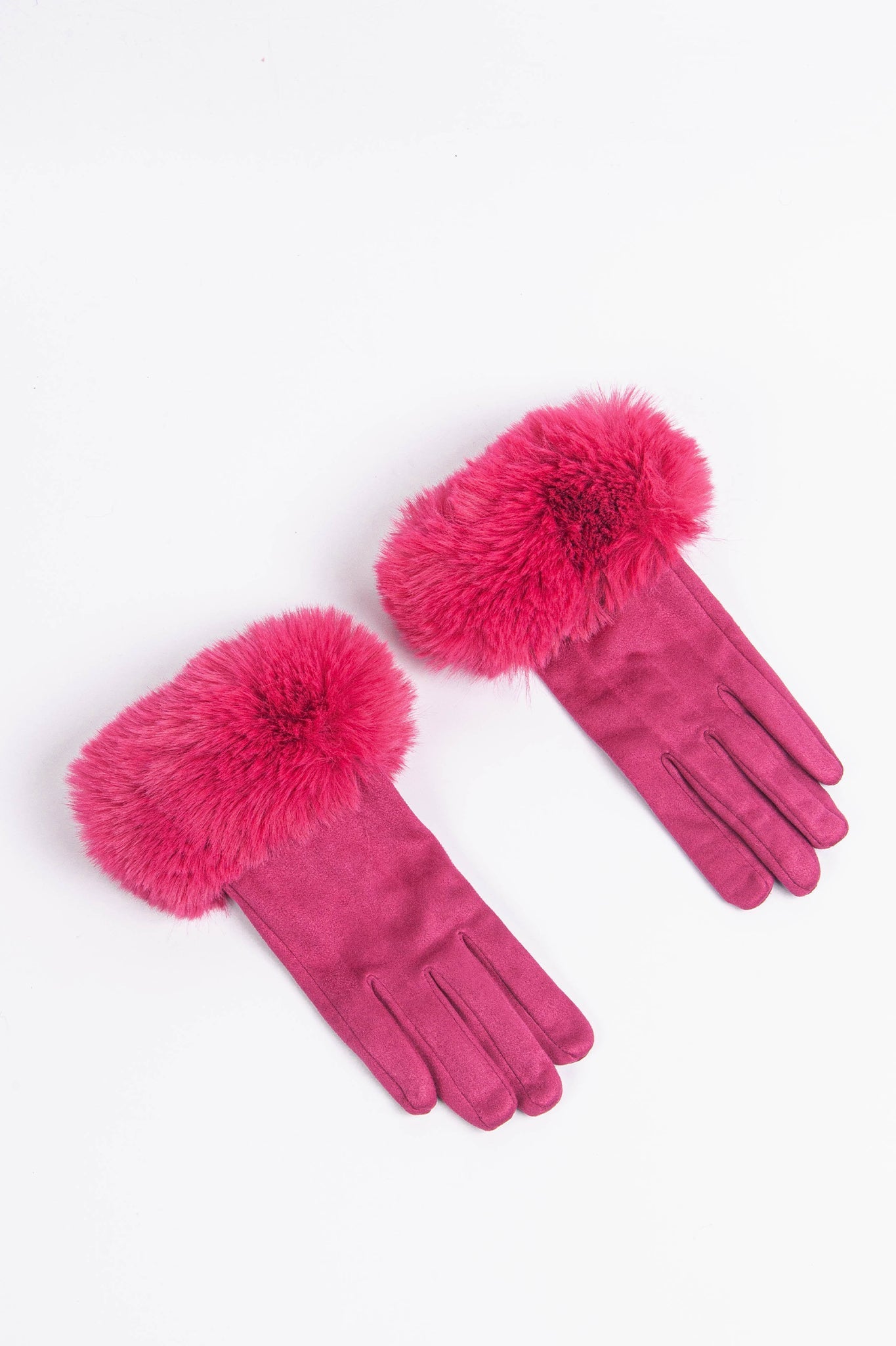 faux velvet fuchsia pink gloves with a faux fur trim around the wrist