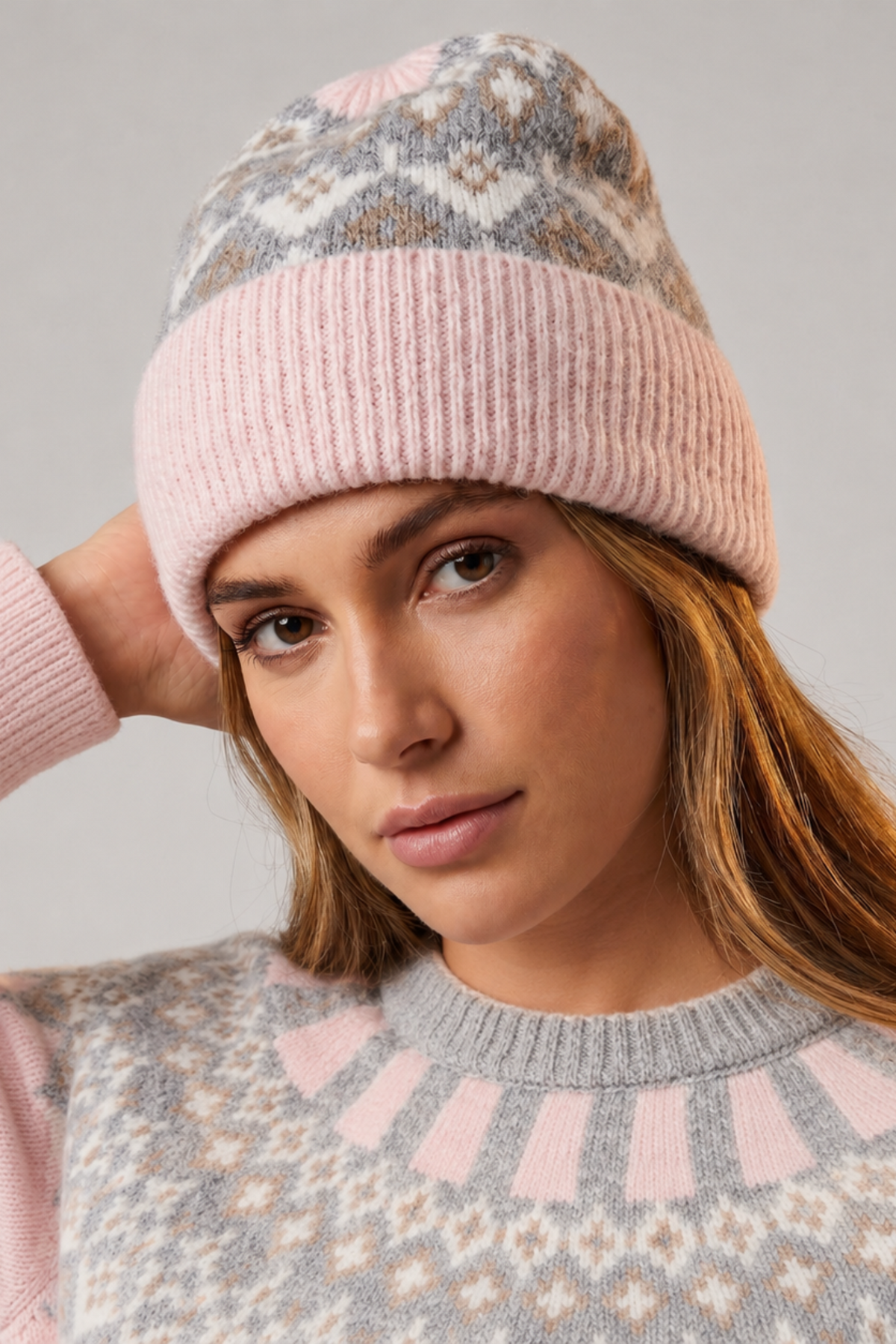 Nordic-Print-Beanie-Hat-in-Light-Pink/Grey