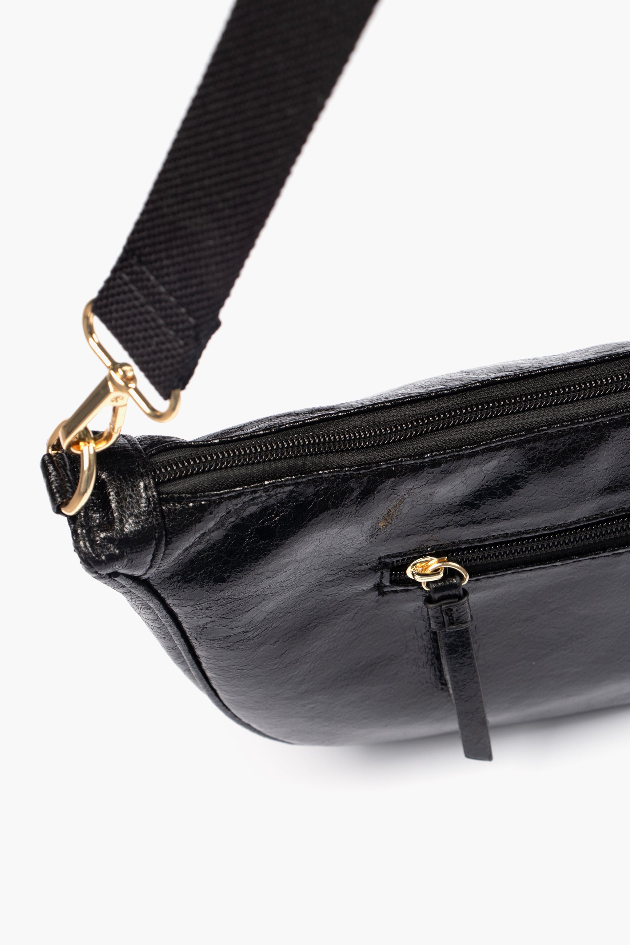 Bellamy Half Moon Crossbody Bag - Metallic Black, Cracked Faux Leather