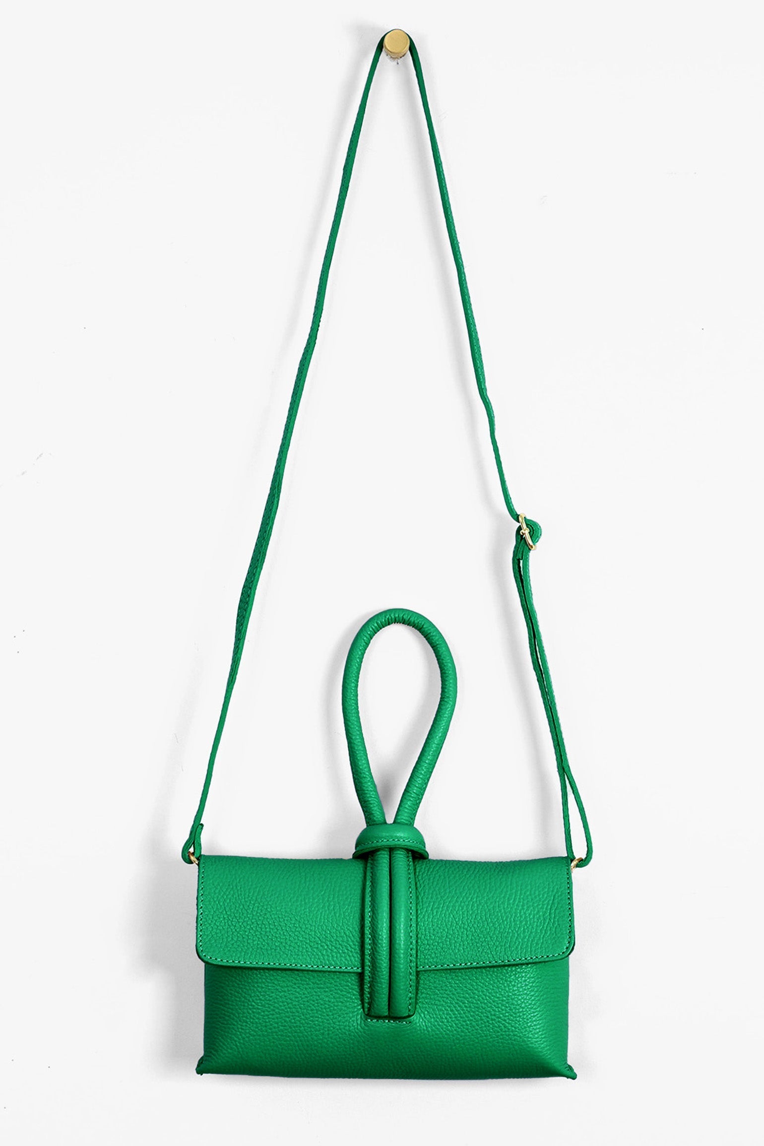 Trixie-Clutch-Bag-Pebbled-Italian-Leather-in-Bright-Green-Front-Showing-Adjustable-Strap