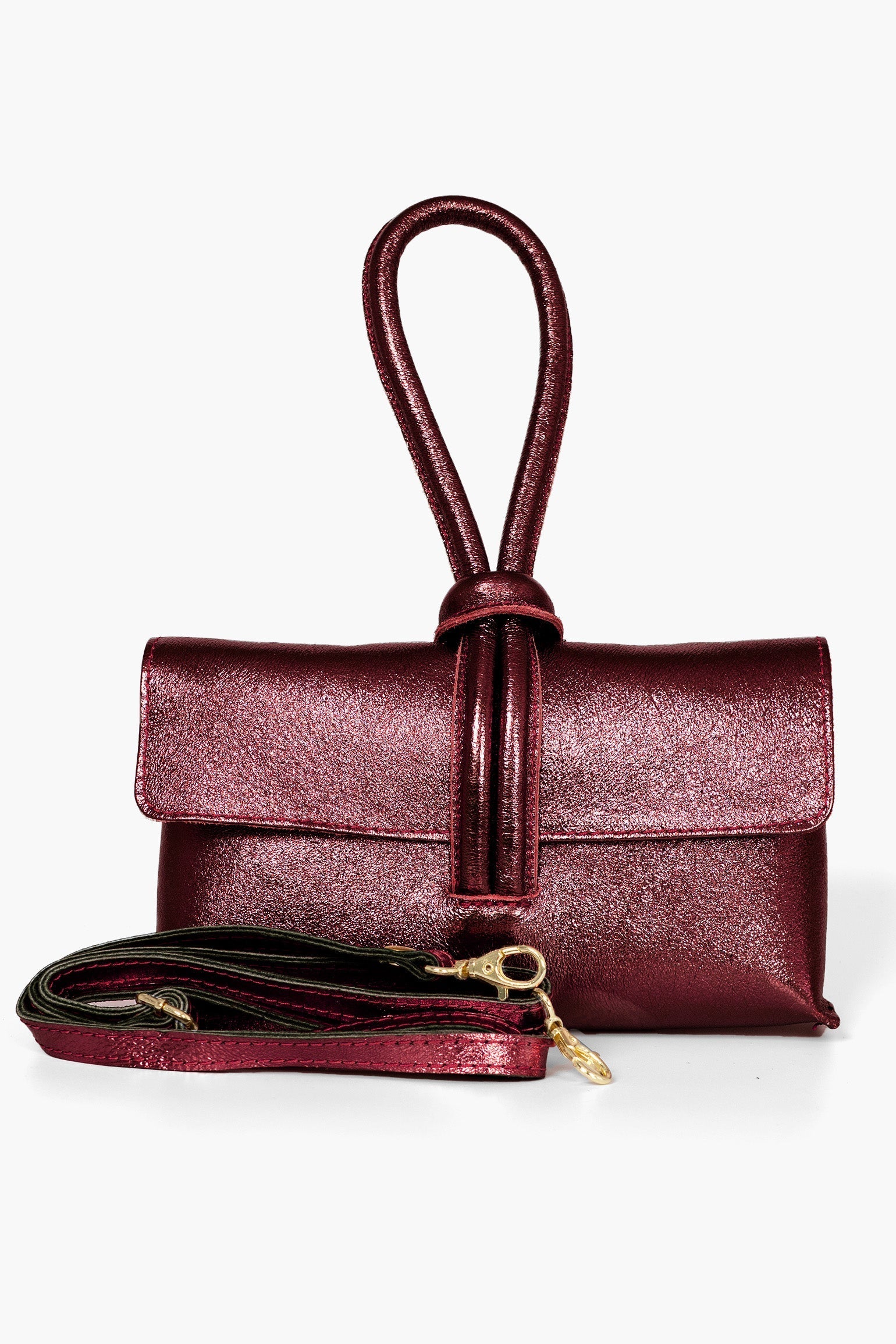 Trixie-Clutch-Bag-Metallic-Italian-Leather-in-Cherry-Showing-Adjustable-Strap