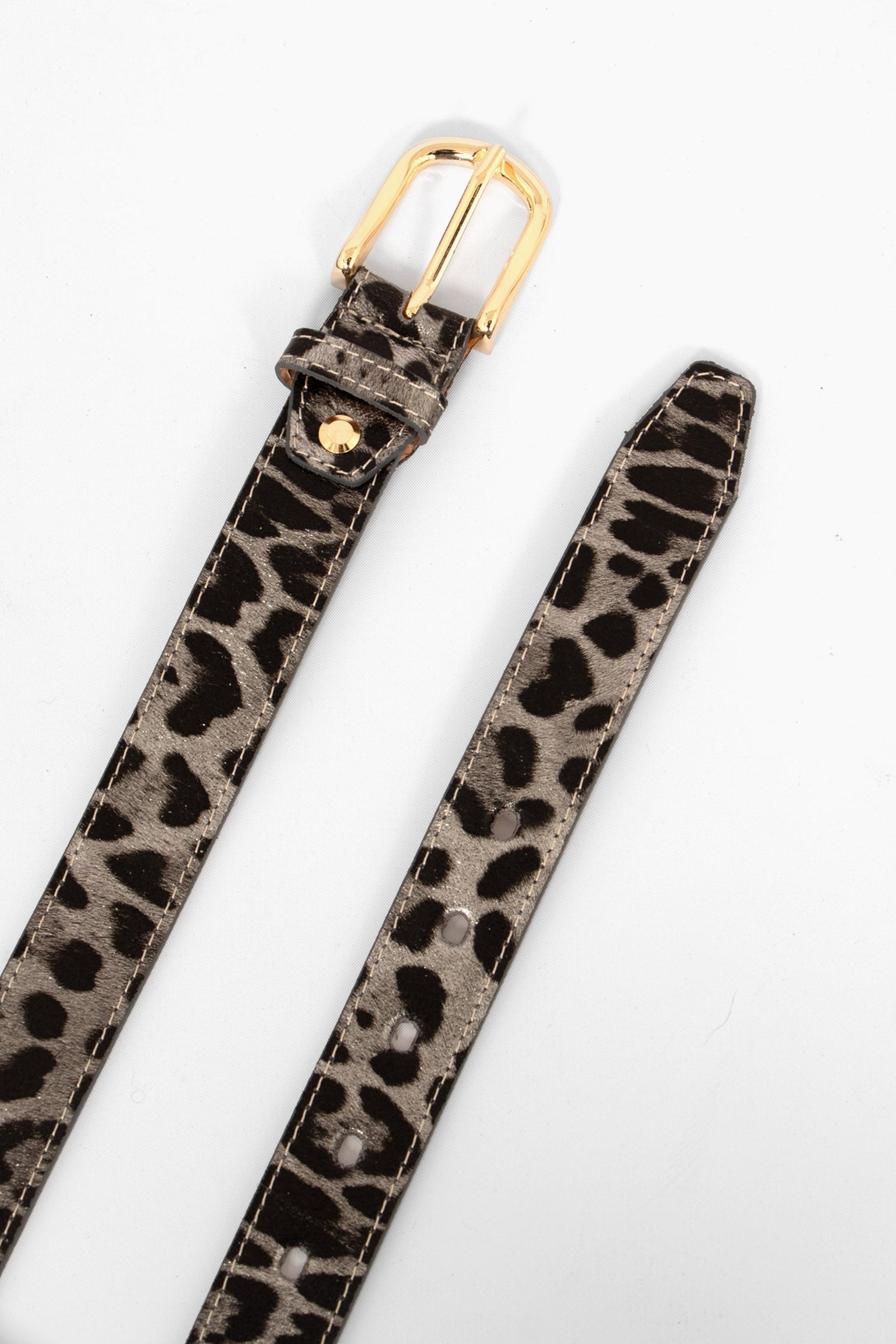 grey leopard print 3cm leather belt with cut out notches and gold buckle and pin