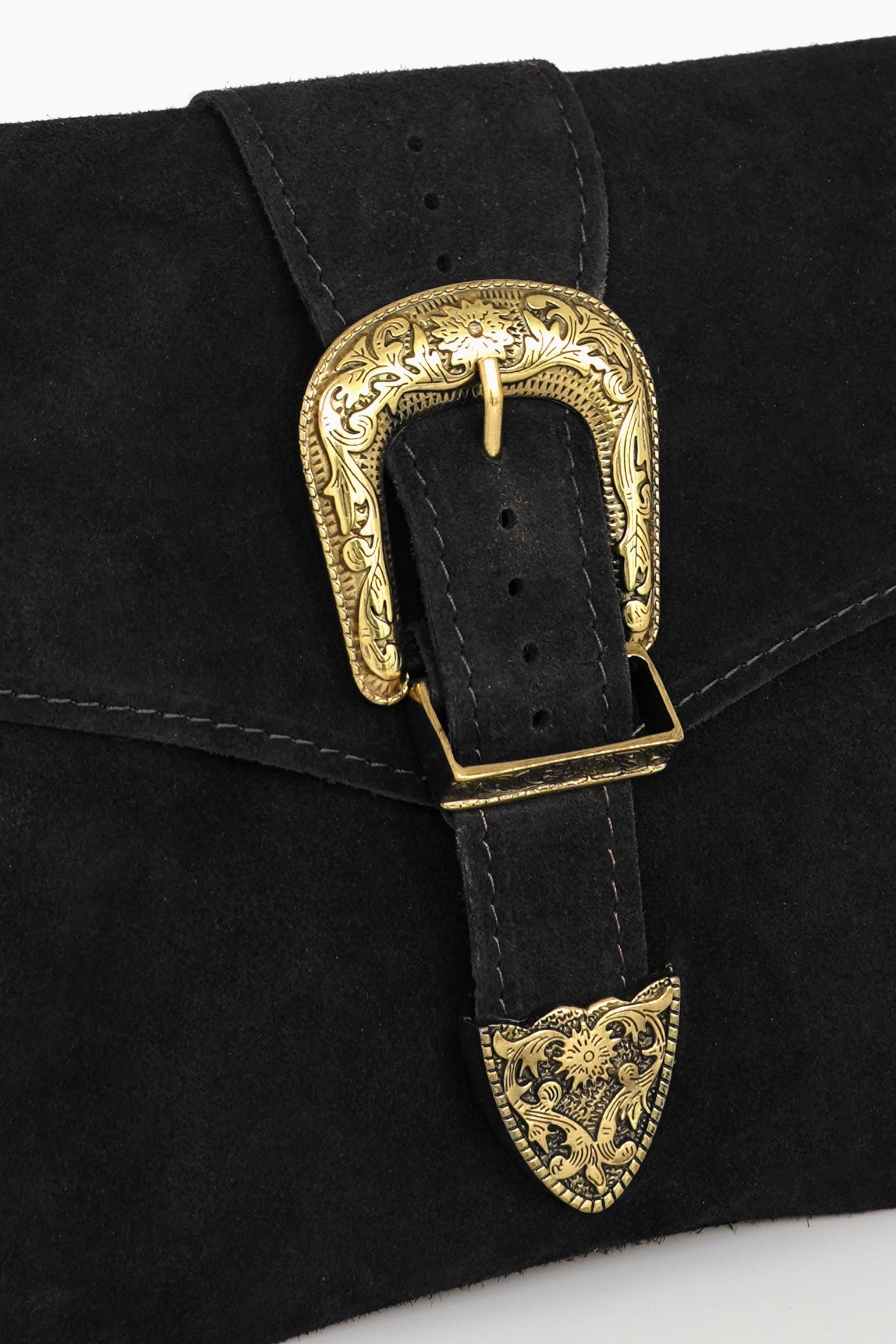 Buckle-Clutch-Bag-Italian-Suede-Leather-in-Black-Close-Up-Showing-Magnetic-Buckle-Closure