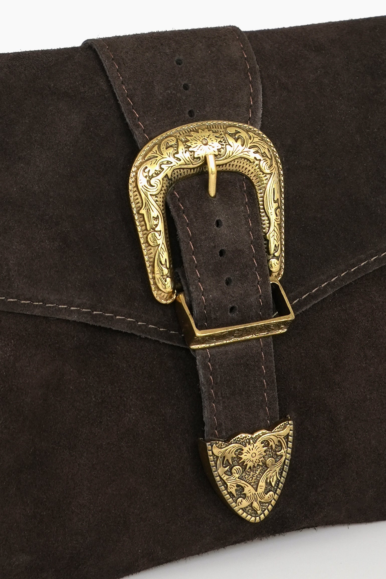 Buckle-Clutch-Bag-Italian-Suede-Leather-in-Brown-Showing-Magnetic-Buckle-Closure
