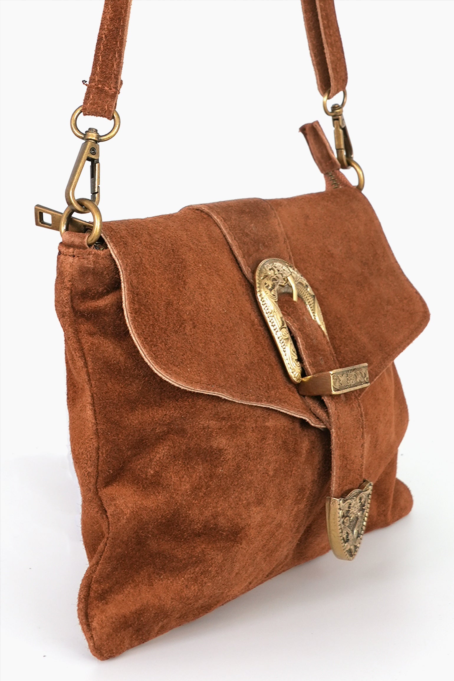 Buckle-Clutch-Bag-Italian-Suede-Leather-in-Tan-Side-Showing-Magnetic-Buckle-Closure