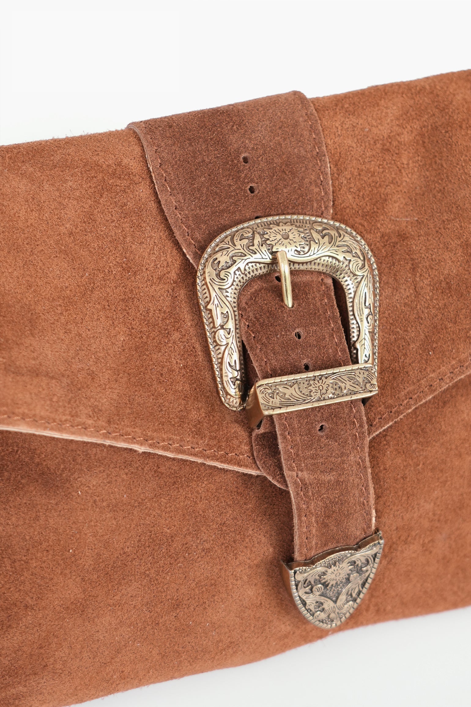 Buckle-Clutch-Bag-Italian-Suede-Leather-in-Tan-Showing-Magnetic-Buckle-Closure