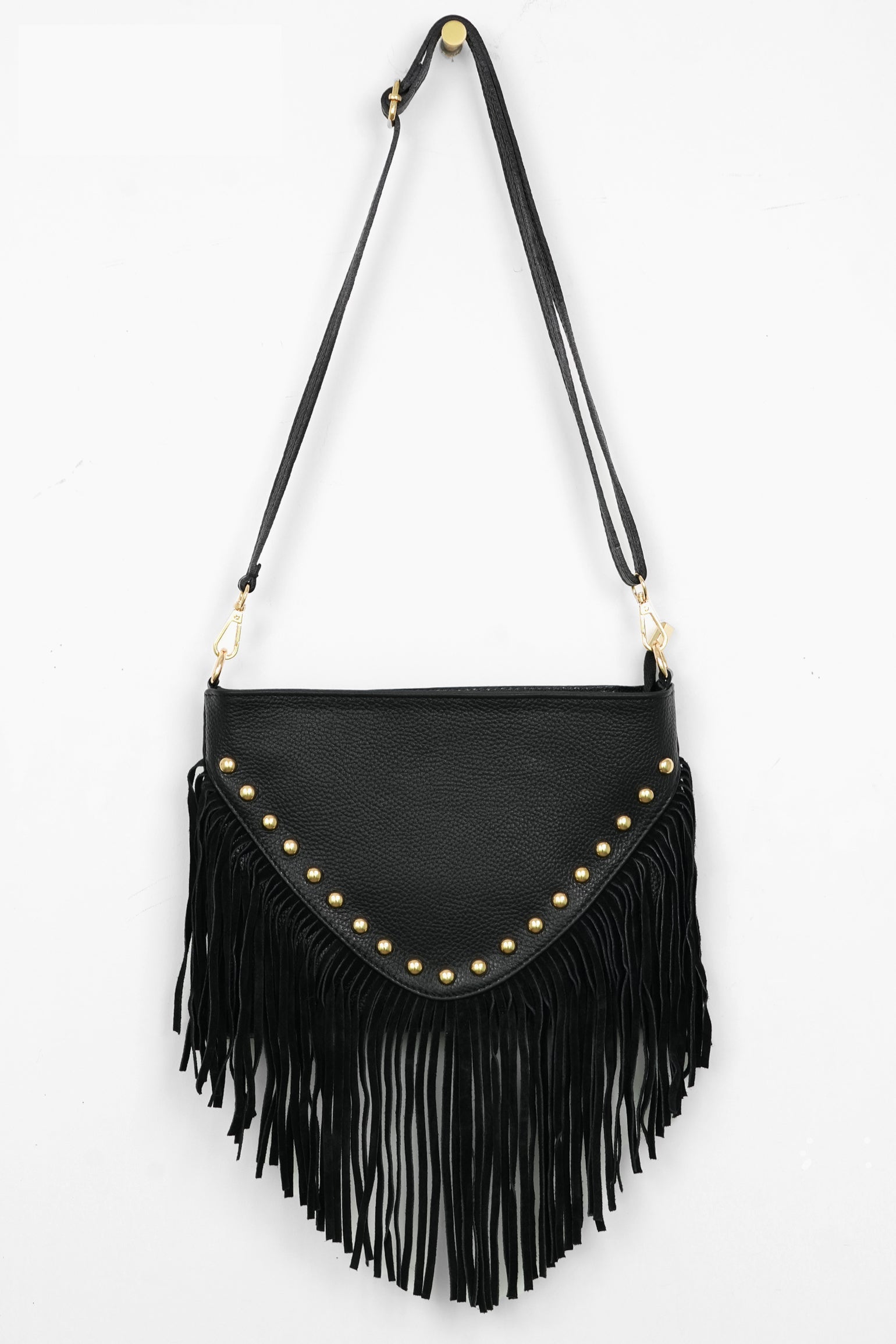 Suede-Fringed-Crossbody-Bag-Italian-Leather-in-Black-Front-Showing-Adjustable-Strap