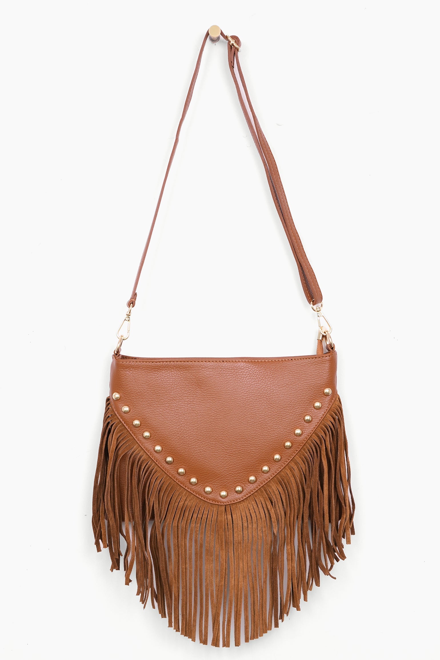 Suede-Fringed-Crossbody-Bag-Italian-Leather-in-Tan-Front-Showing-Adjustable-Strap