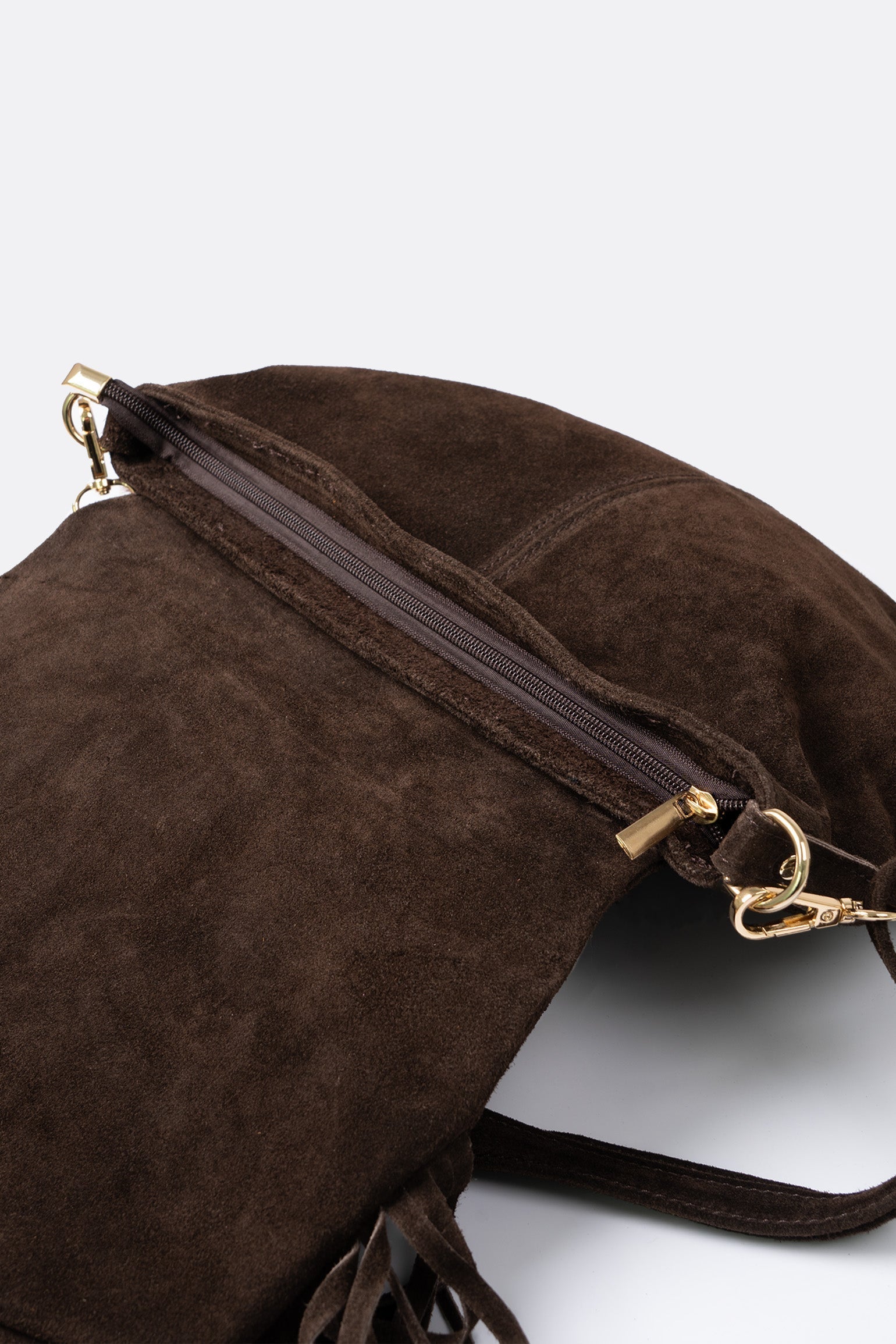 Fringed-Crossbody-Bag-Italian-Suede-Leather-in-Brown-Showing-Zip-Closure