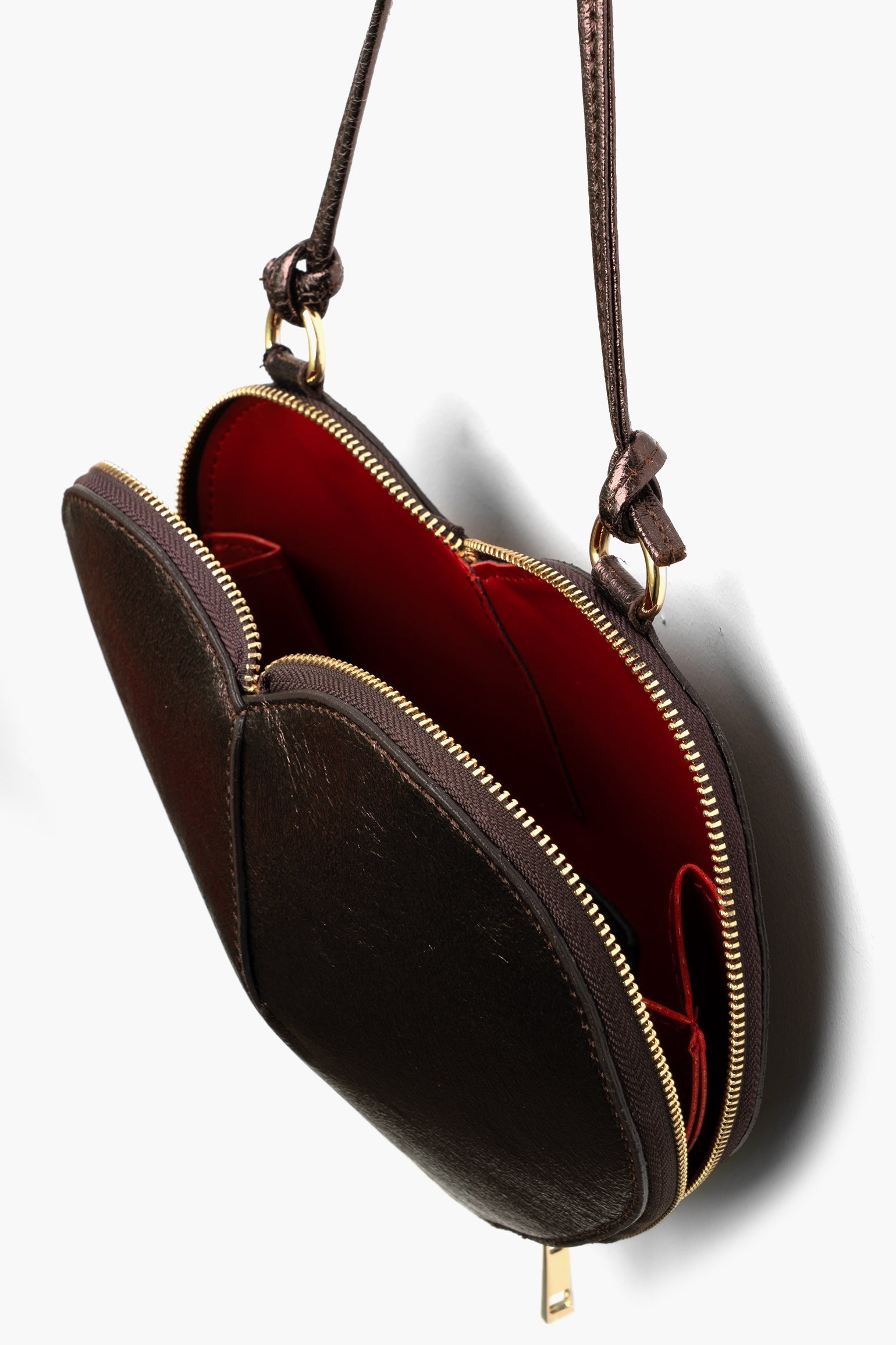 Heart-Crossbody-Bag-Metallic-Italian-Leather-in-Bronze-Top-Showing-Opening