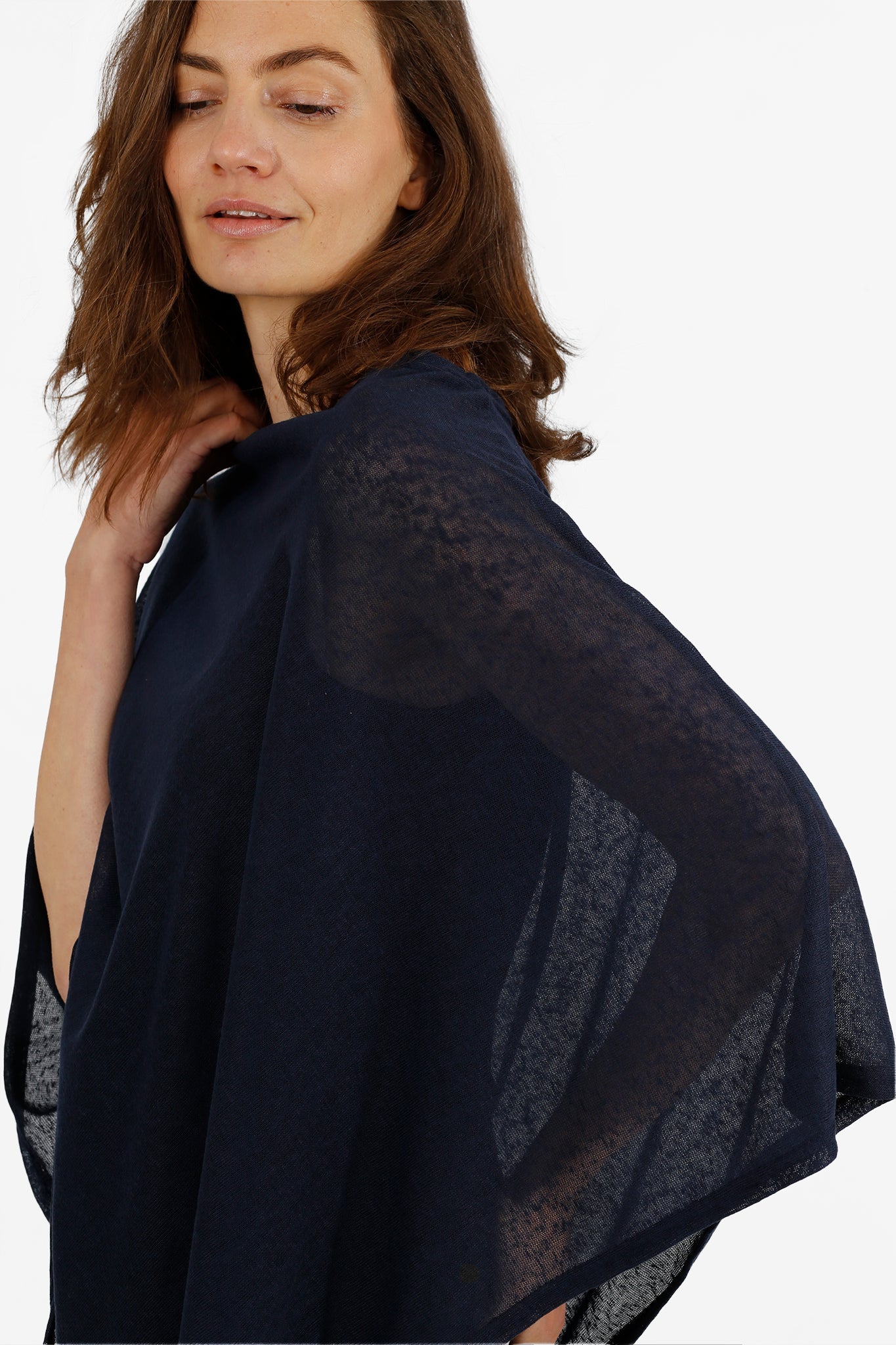 model showing the wide sleeves, the fall below the elbow.