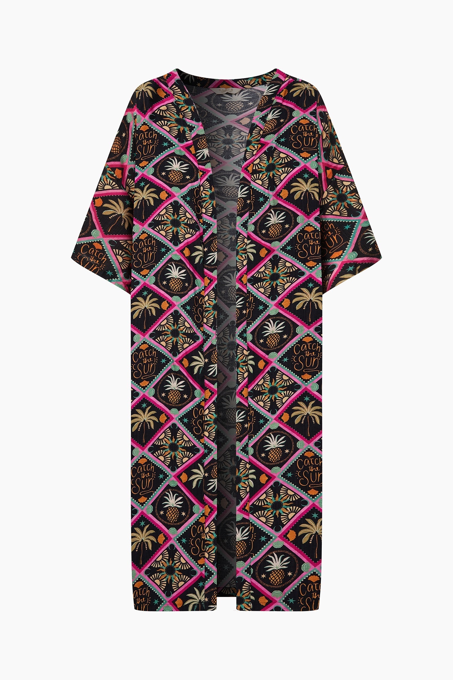 Pineapple-Print-Long-Kimono-in-Black-Product-Shot