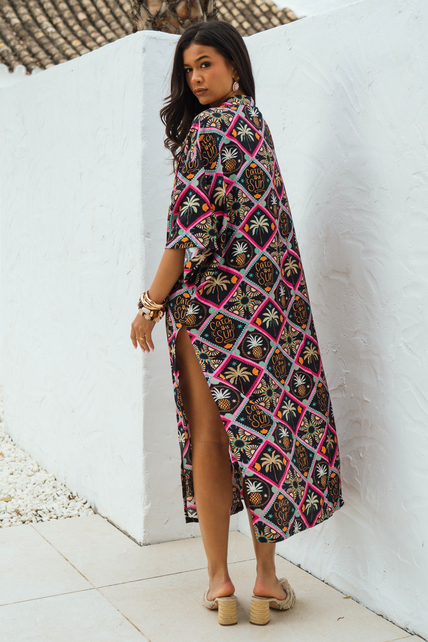 Pineapple-Print-Long-Kimono-in-Black