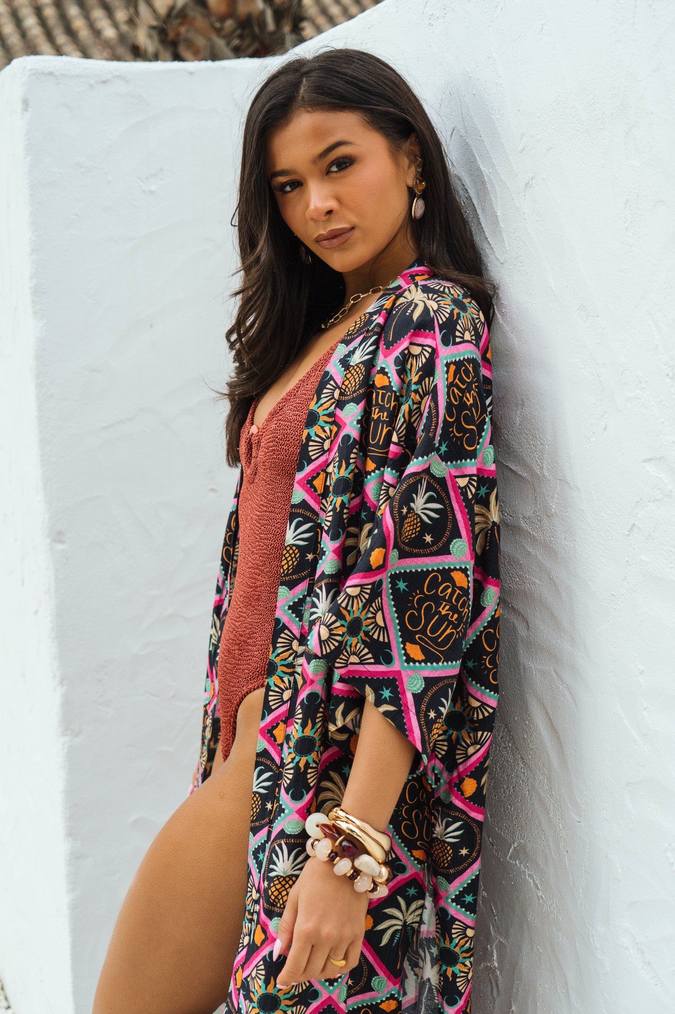 Pineapple-Print-Long-Kimono-in-Black