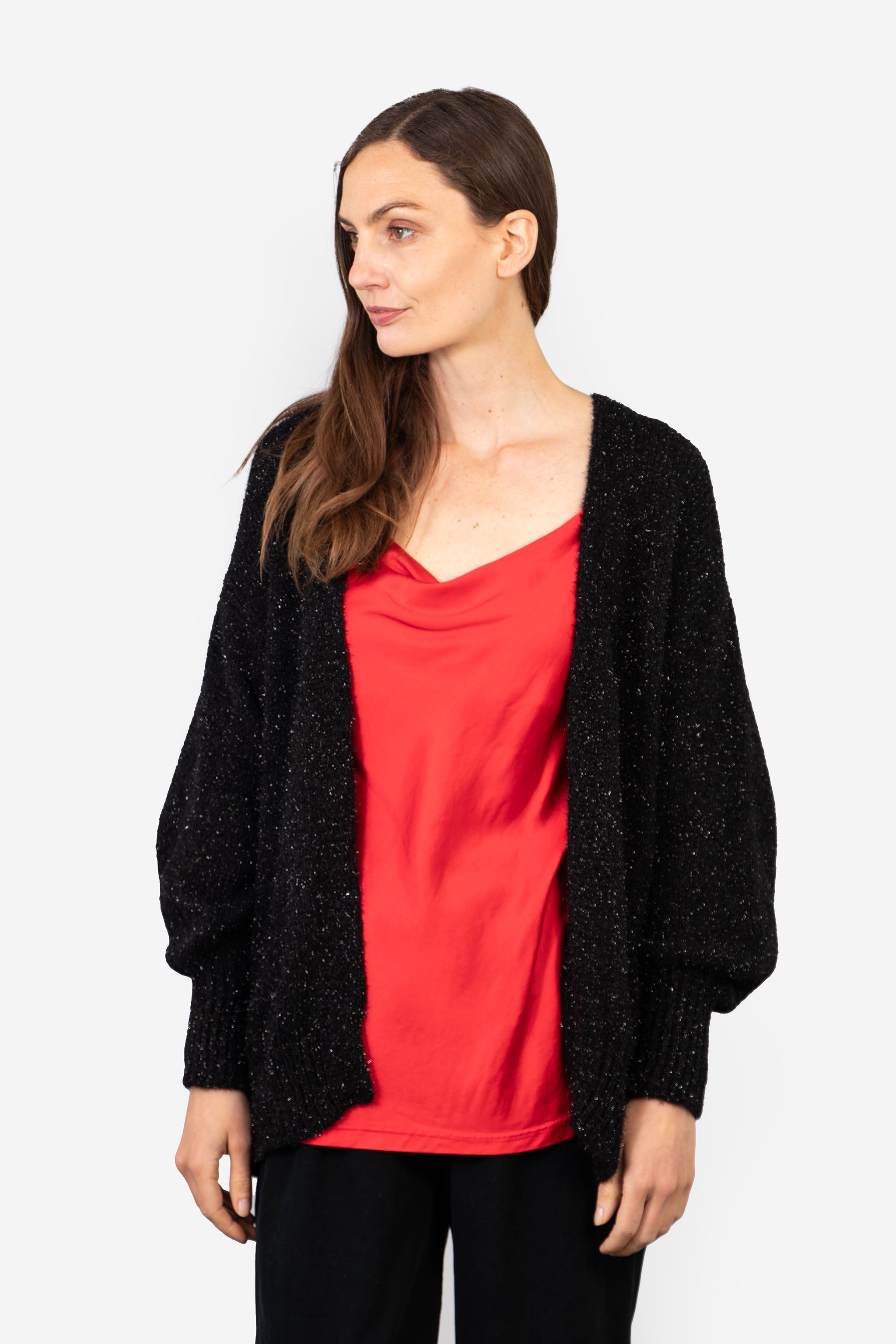 Everly Open Front Cardigan - Black, Tinsel