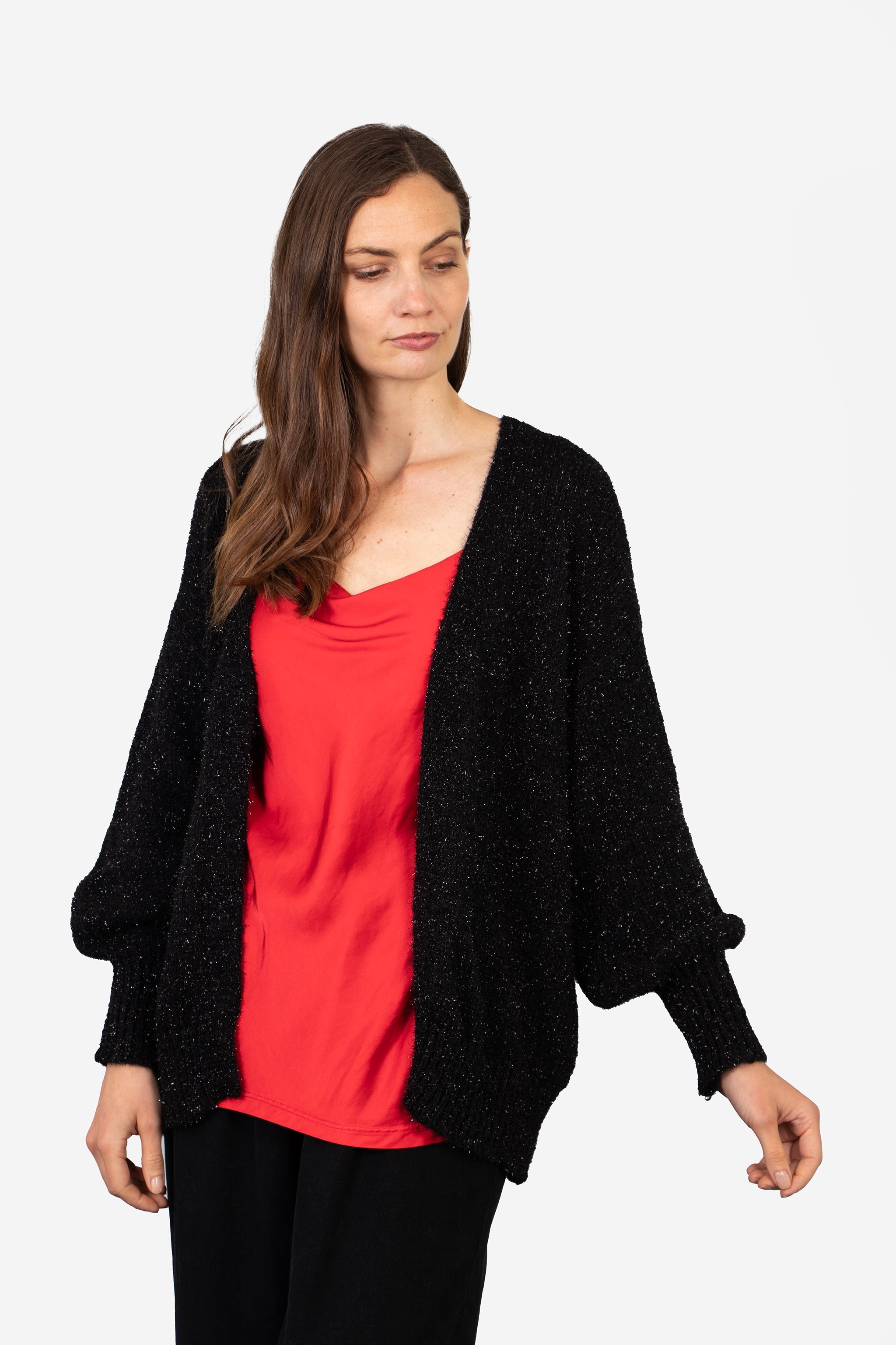 Everly Open Front Cardigan - Black, Tinsel