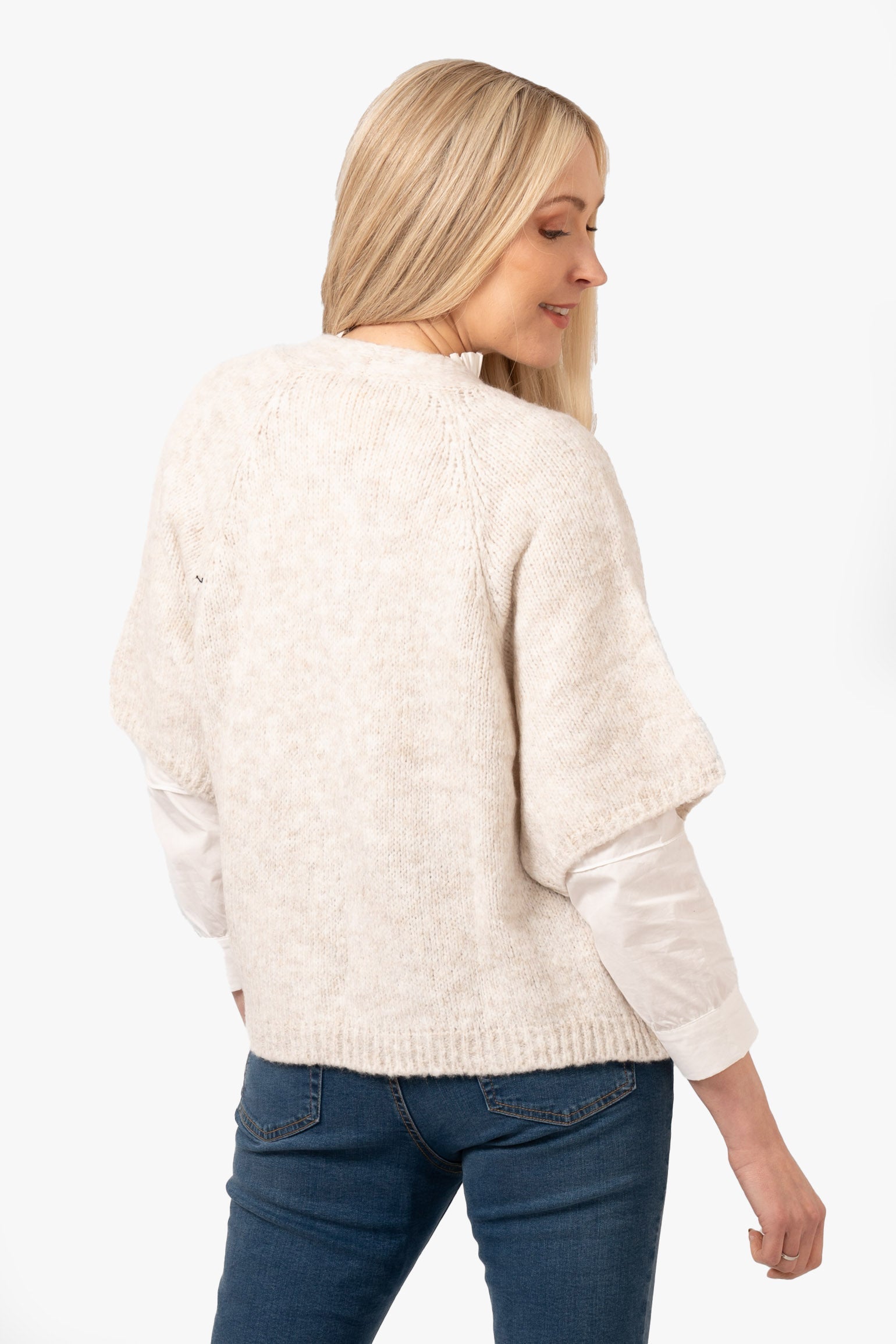 amelia-short-sleeve-wool-blend-cardigan-cream-model-showing-the-back