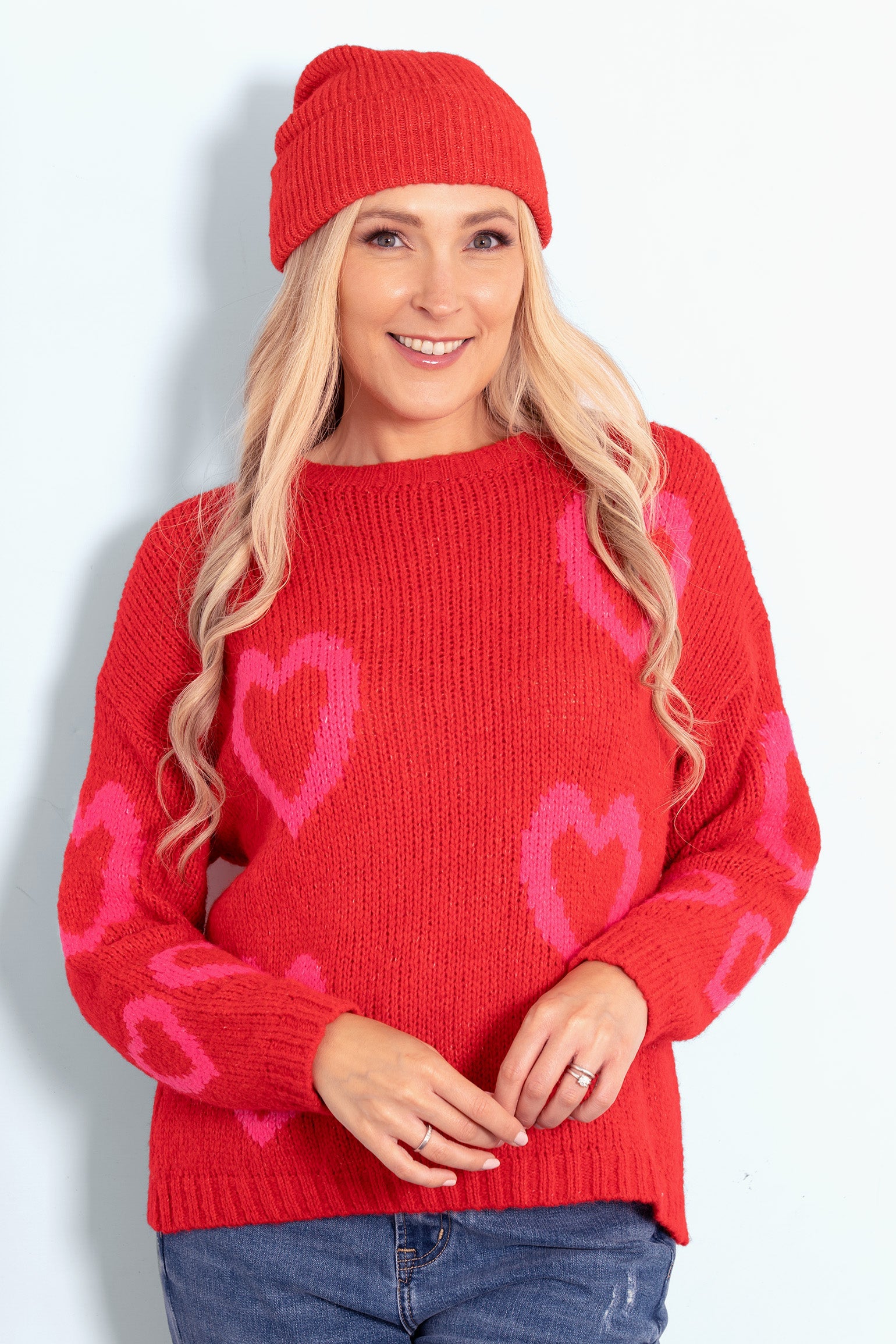 millie-wool-blend-jumper-red-fuchsia-love-hearts-model-front