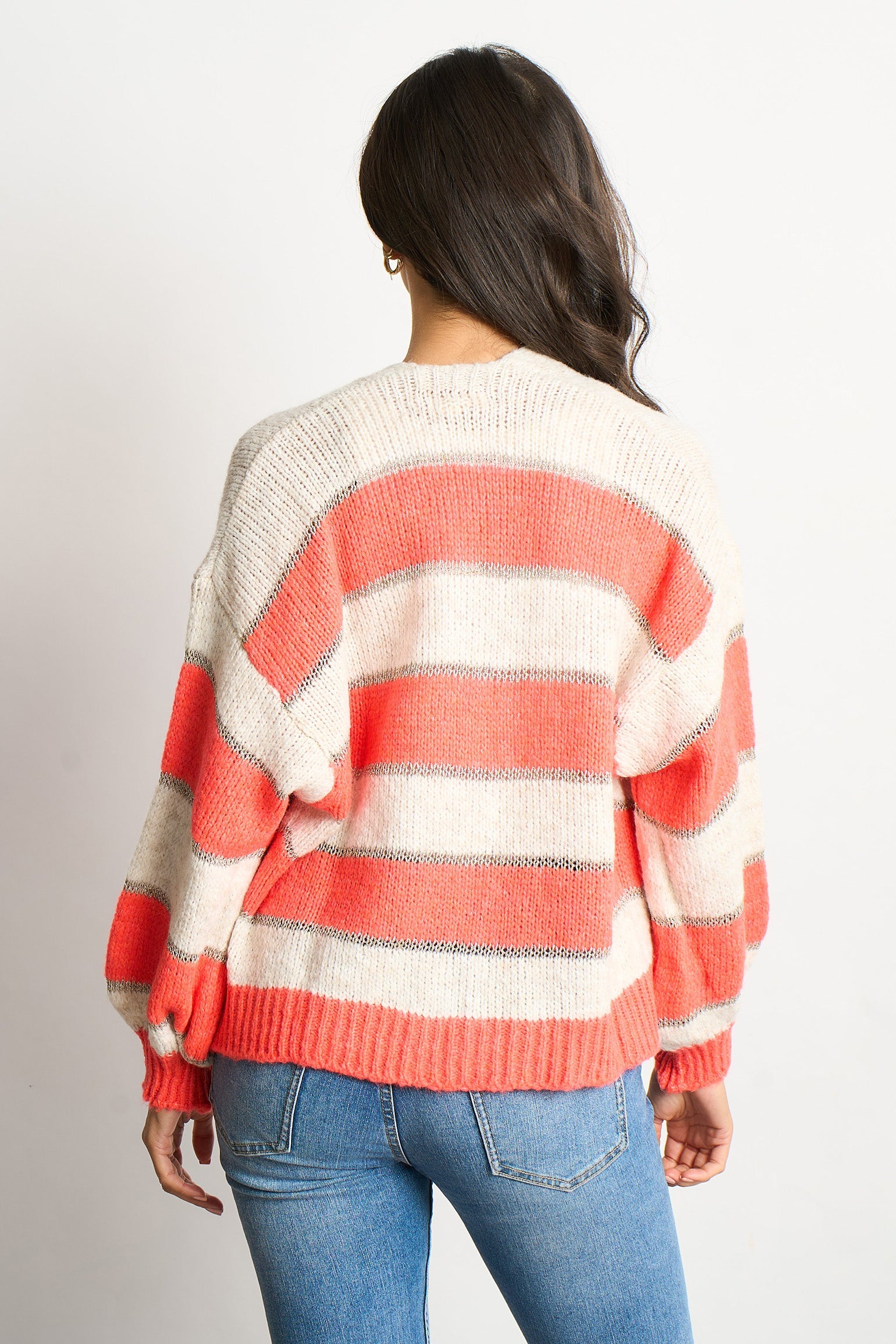 Glitter-Striped-Italian-Wool-Blend-Cardigan-in-Coral-Back-View