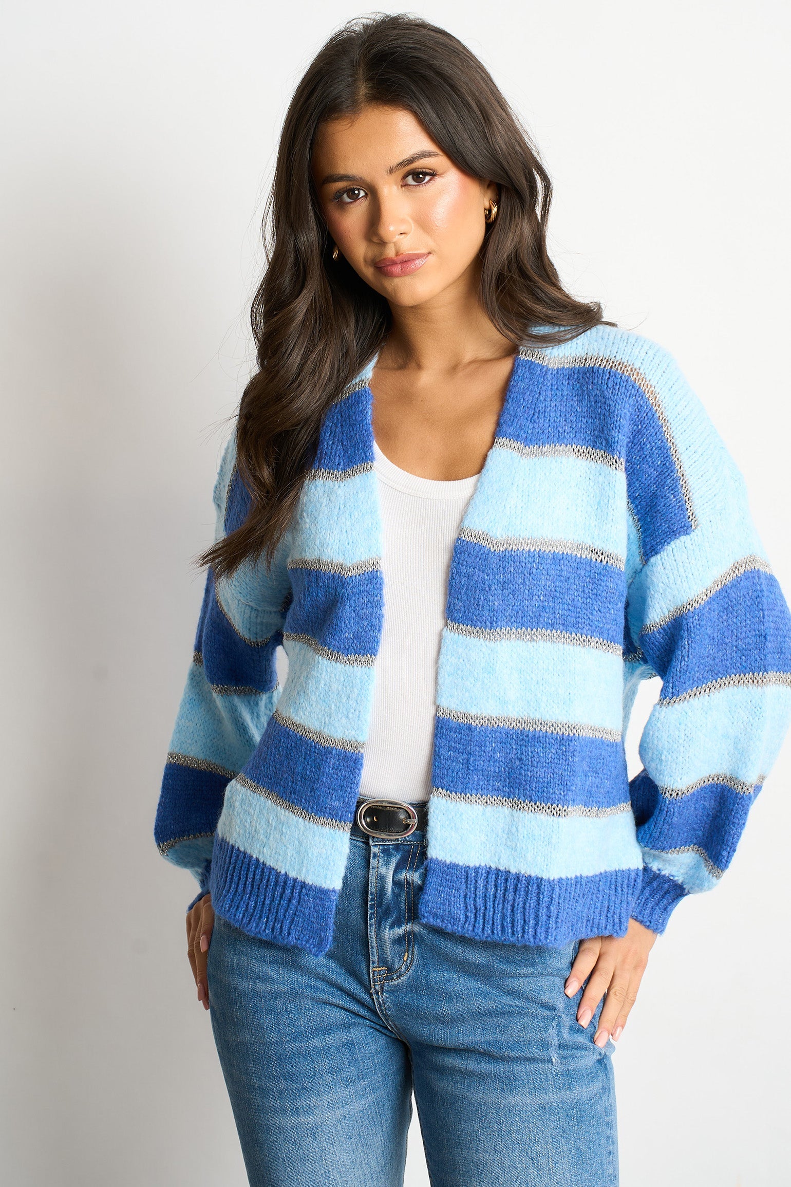 Glitter-Striped-Italian-Wool-Blend-Cardigan-in-Blue-Front-View