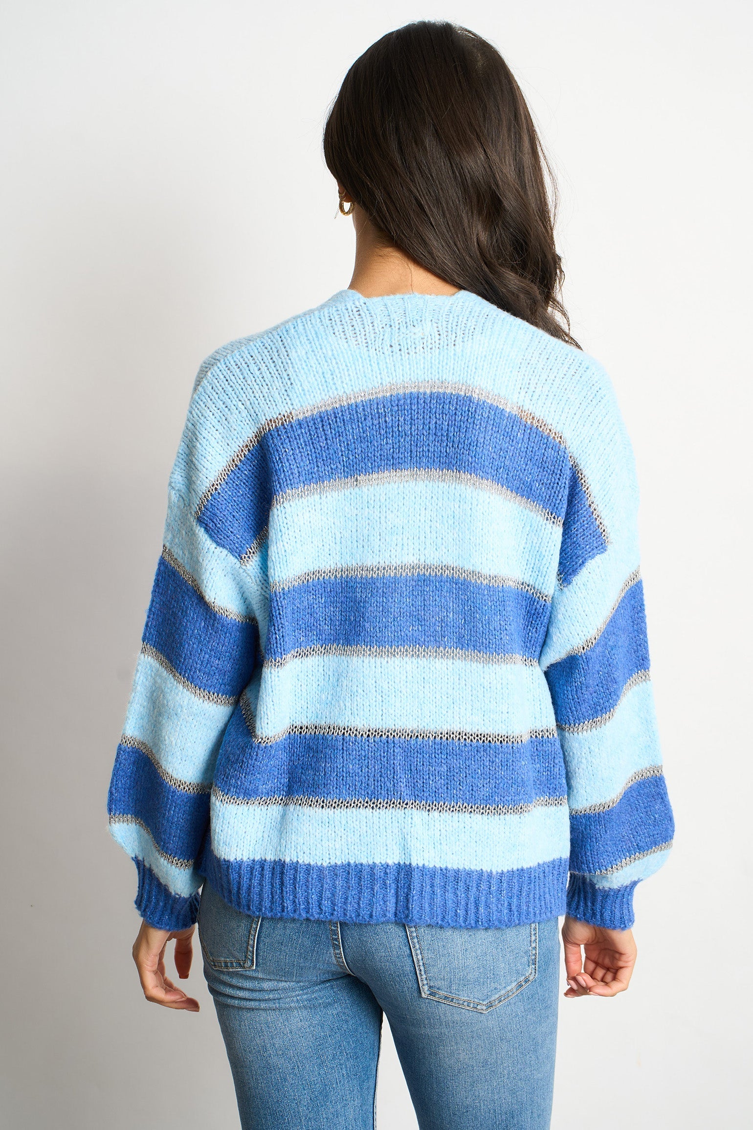 Glitter-Striped-Italian-Wool-Blend-Cardigan-in-Blue-Back-View