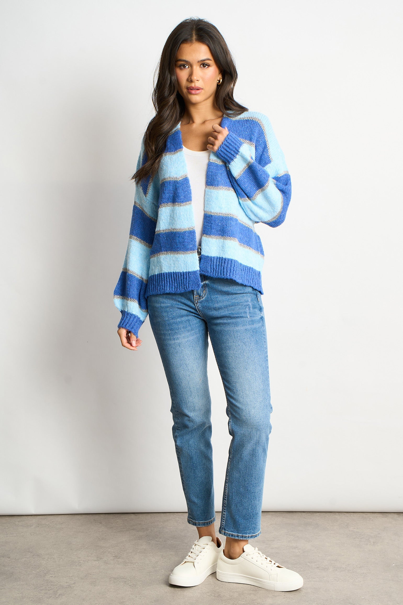 Glitter-Striped-Italian-Wool-Blend-Cardigan-in-Blue-Full-Model