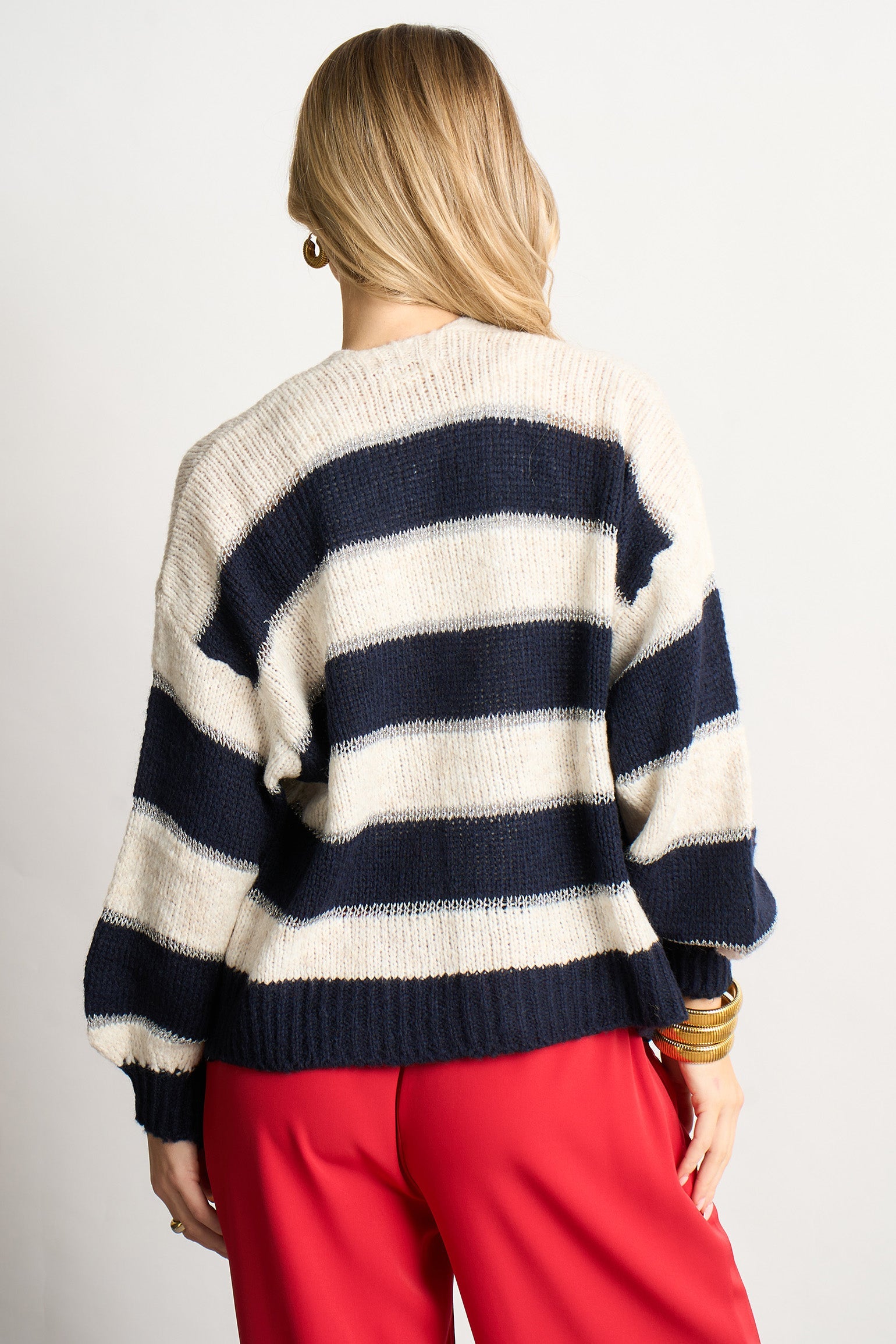 Glitter-Striped-Italian-Wool-Blend-Cardigan-in-Navy-Blue-Back-View