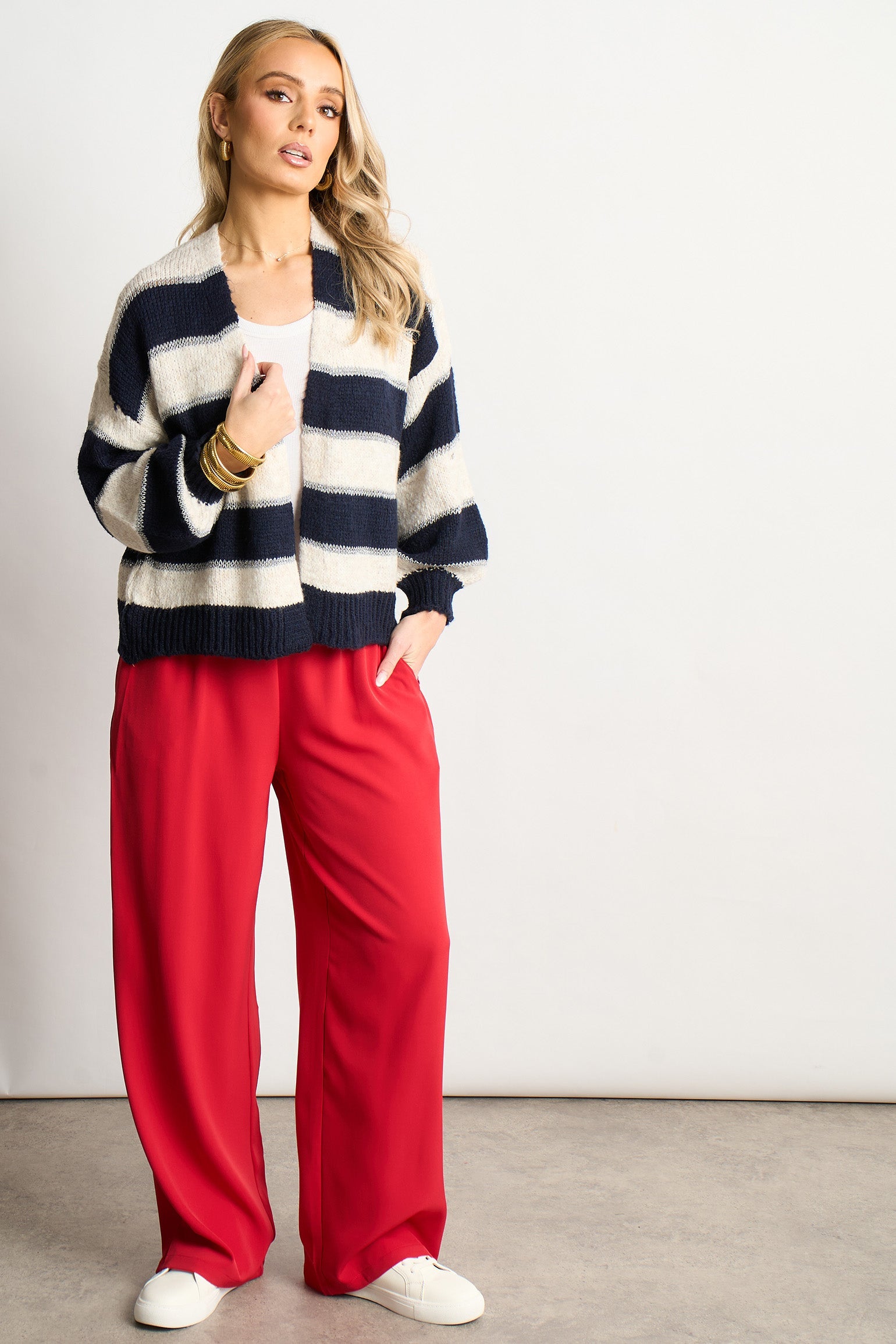 Glitter-Striped-Italian-Wool-Blend-Cardigan-in-Navy-Blue-Full-Model