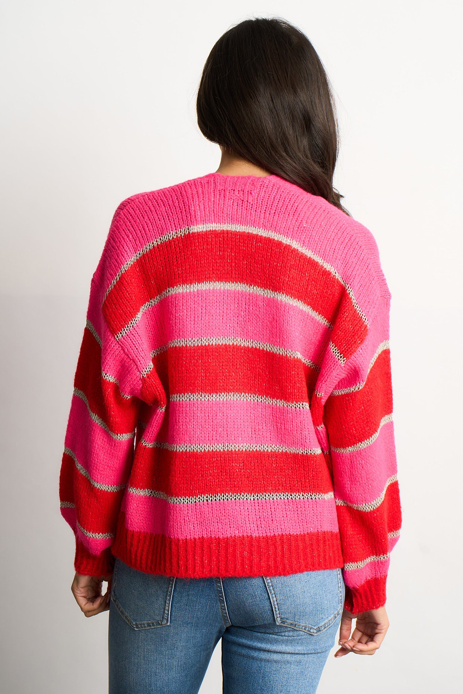 Glitter-Striped-Italian-Wool-Blend-Cardigan-in-Red-Back-View