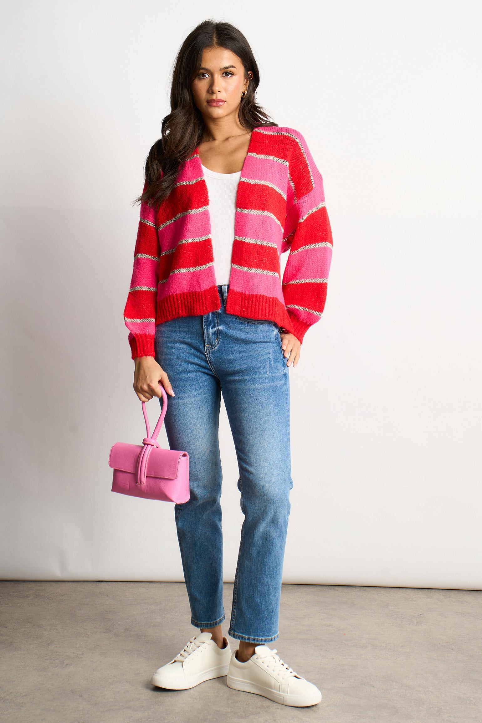 Glitter-Striped-Italian-Wool-Blend-Cardigan-in-Red-Full-Model