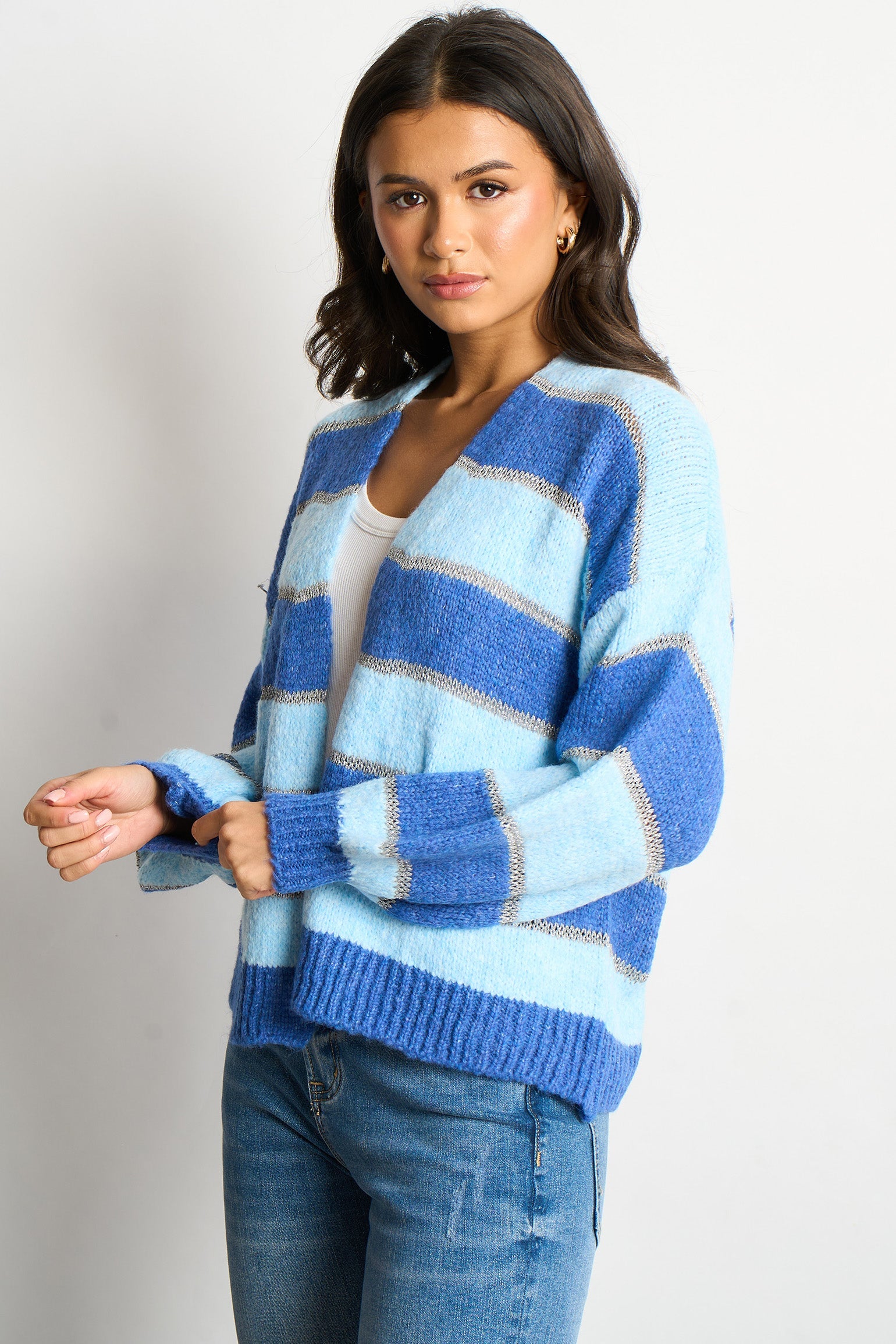 Glitter-Striped-Italian-Wool-Blend-Cardigan-in-Blue-Side-View