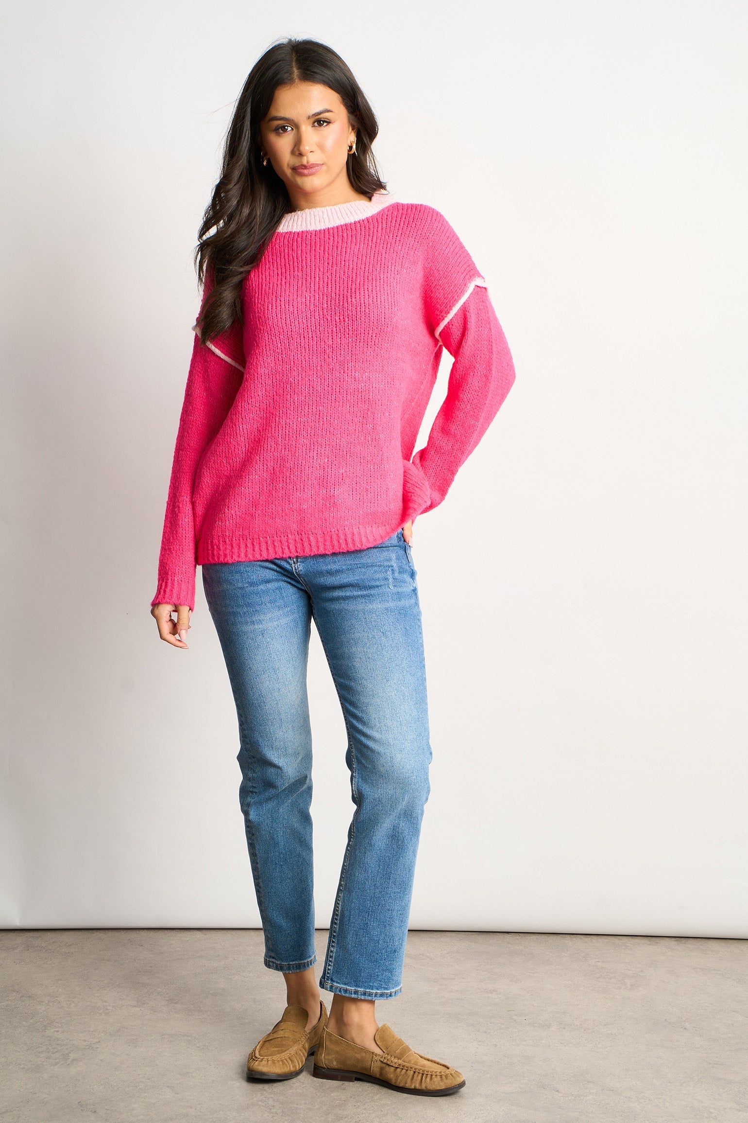 Contrast-Stitch-Italian-Wool-Blend-Jumper-in-Pink-Full-Model