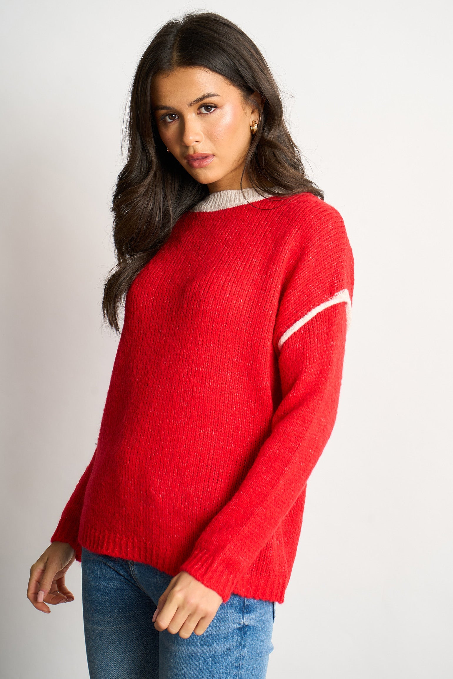 Contrast-Stitch-Italian-Wool-Blend-Jumper-in-Red-Side-View
