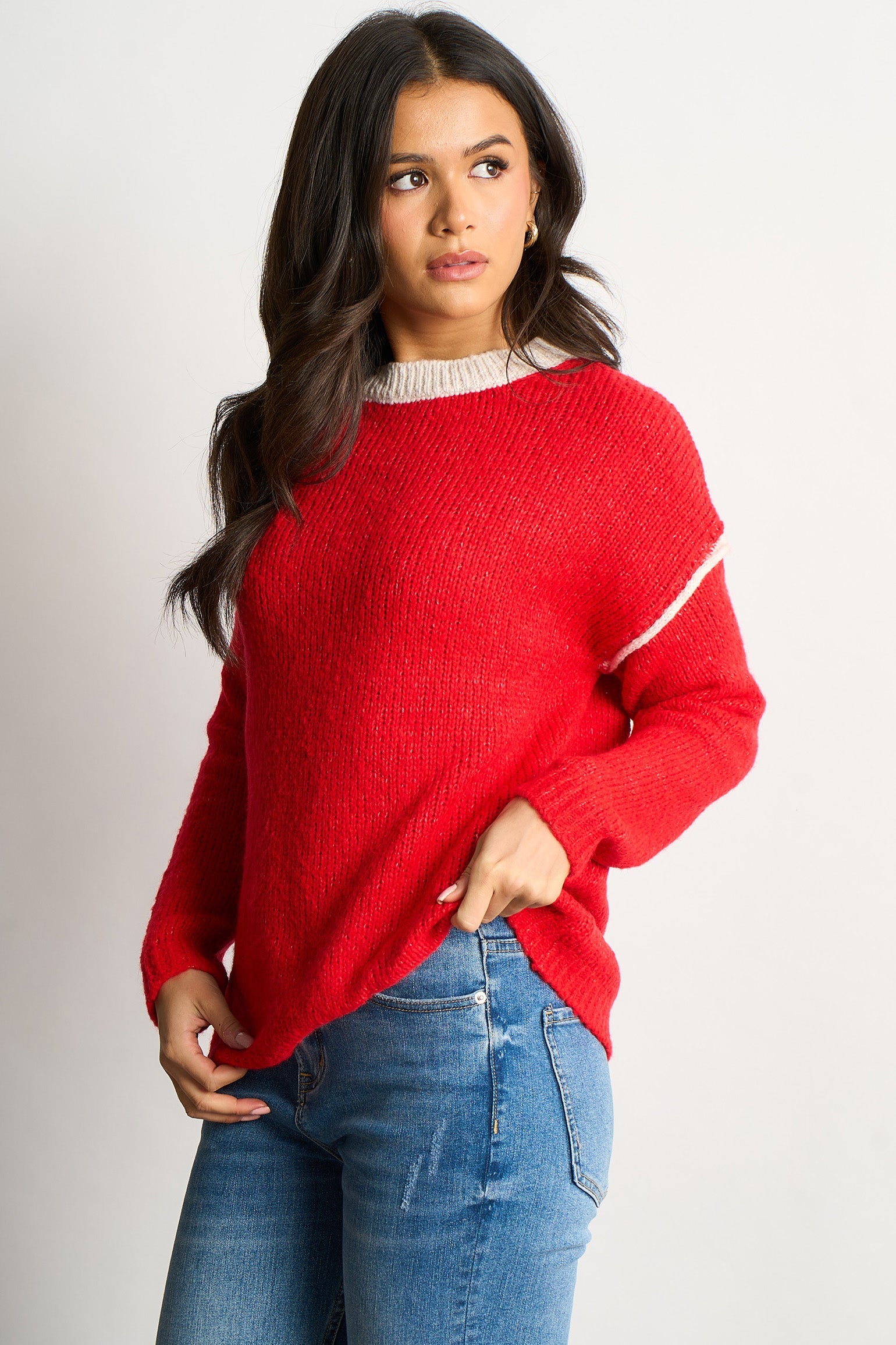 Contrast-Stitch-Italian-Wool-Blend-Jumper-in-Red-Full-Model