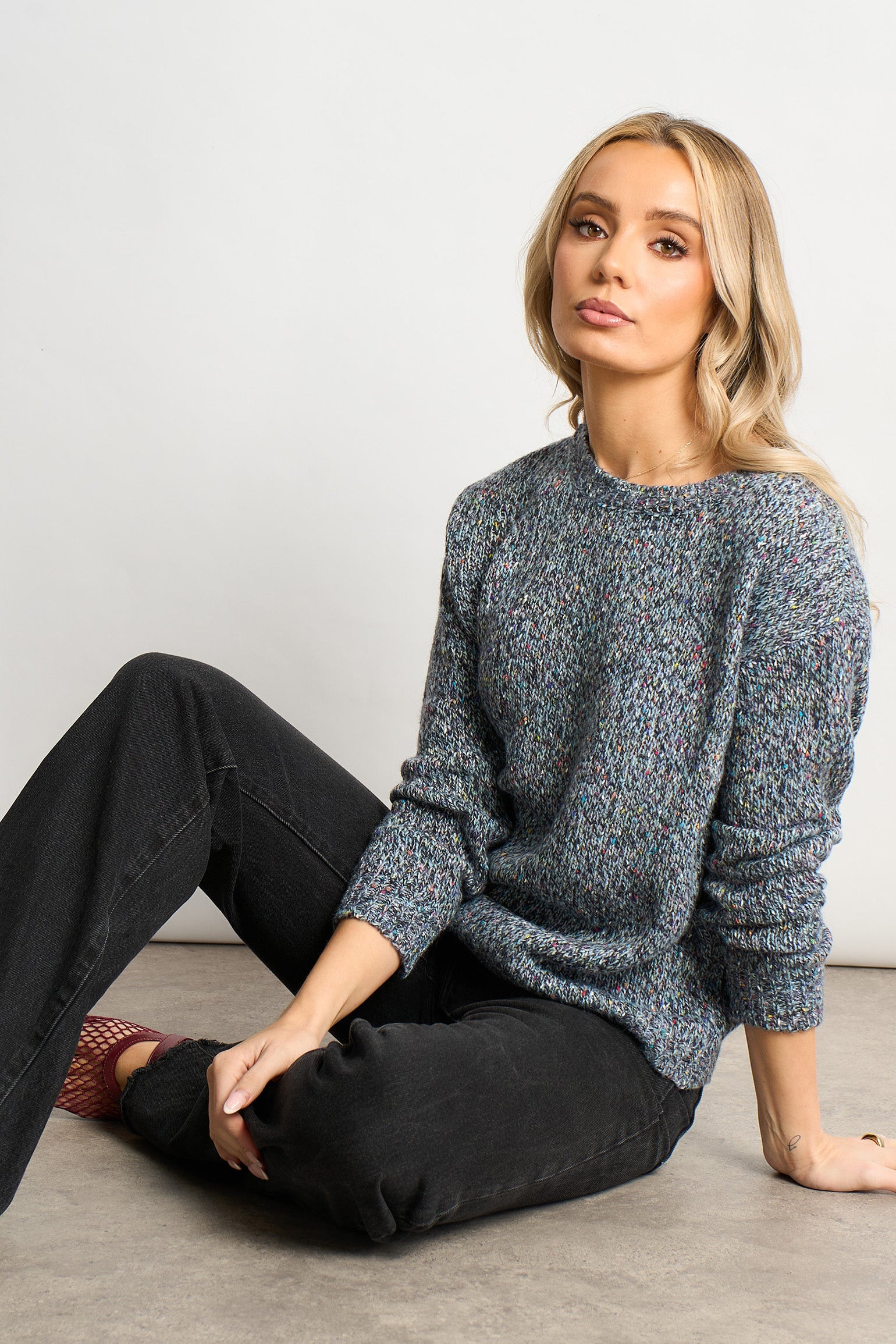 Flecked-Italian-Wool-Blend-Jumper-in-Blue-Model-Sitting