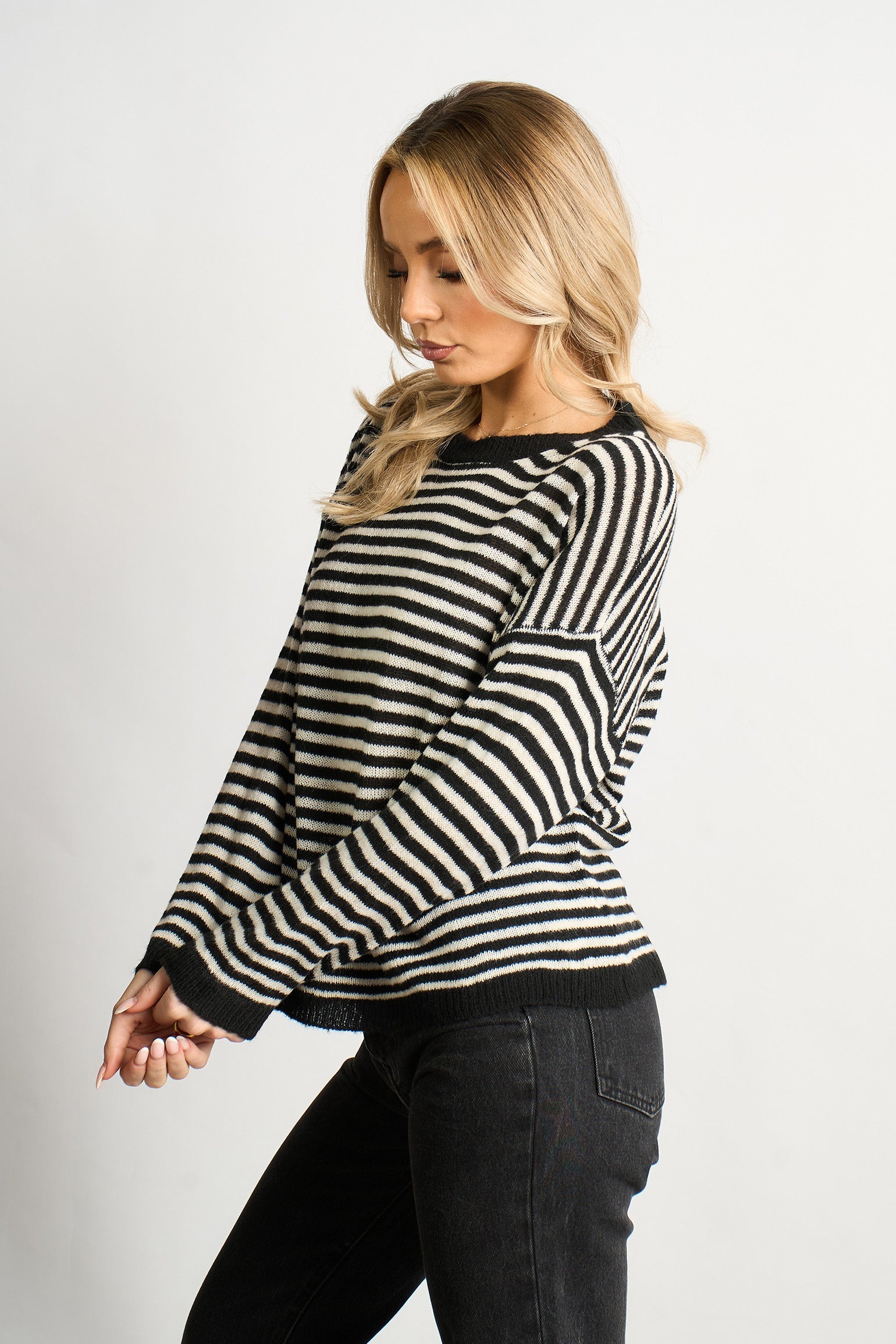 Striped-Italian-Wool-Blend-Knitted-Jumper-in-Black-Side