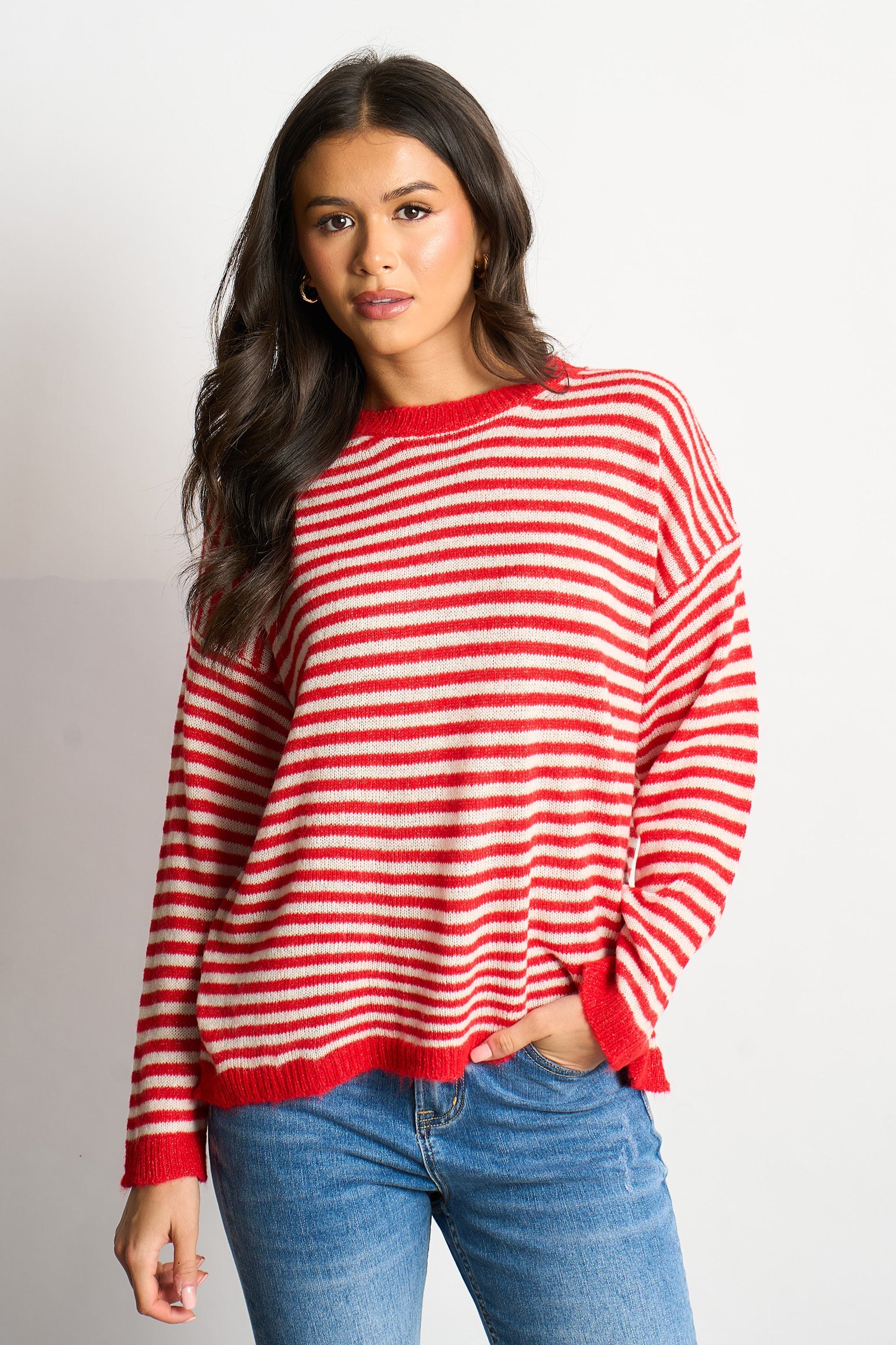 Striped-Italian-Wool-Blend-Knitted-Jumper-in-Red-front