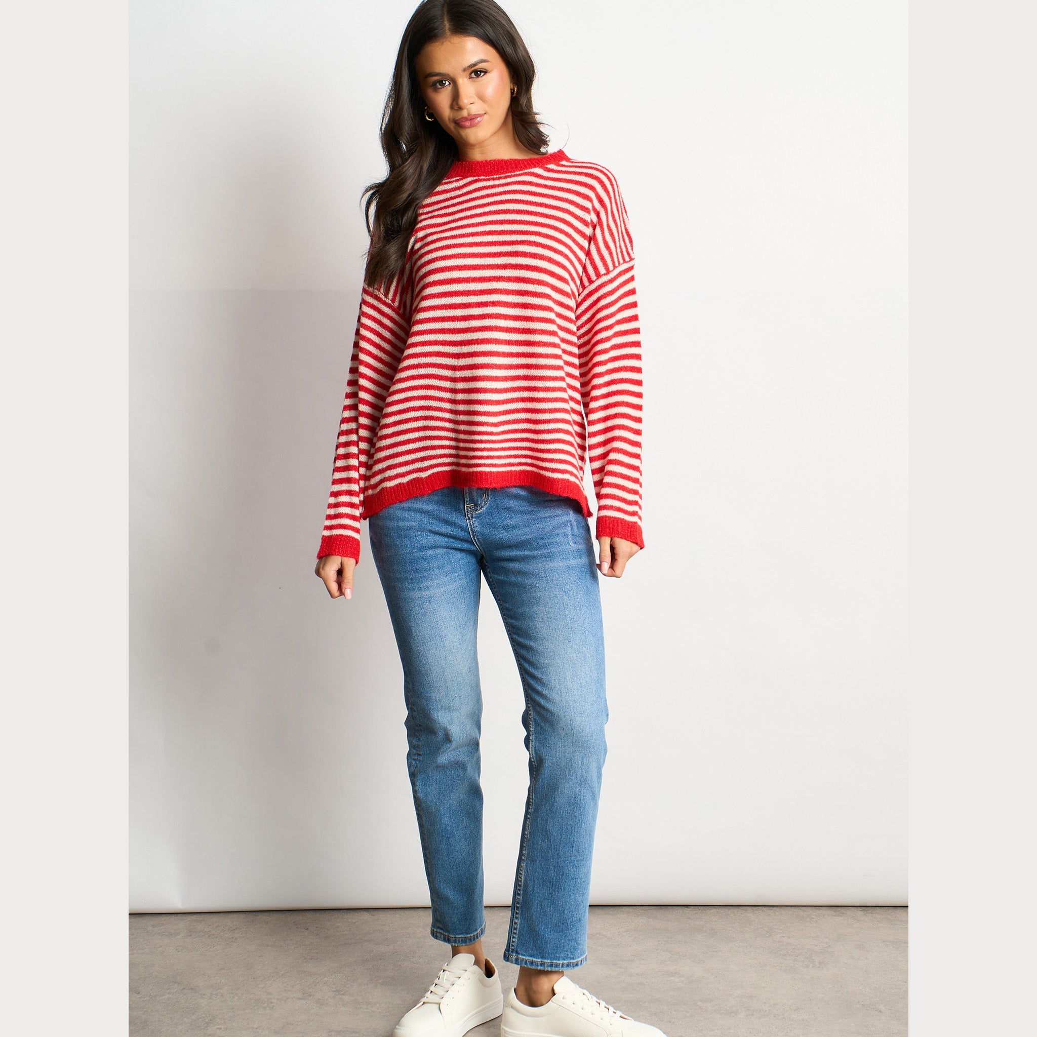 Striped-Italian-Wool-Blend-Knitted-Jumper-in-Red-styled
