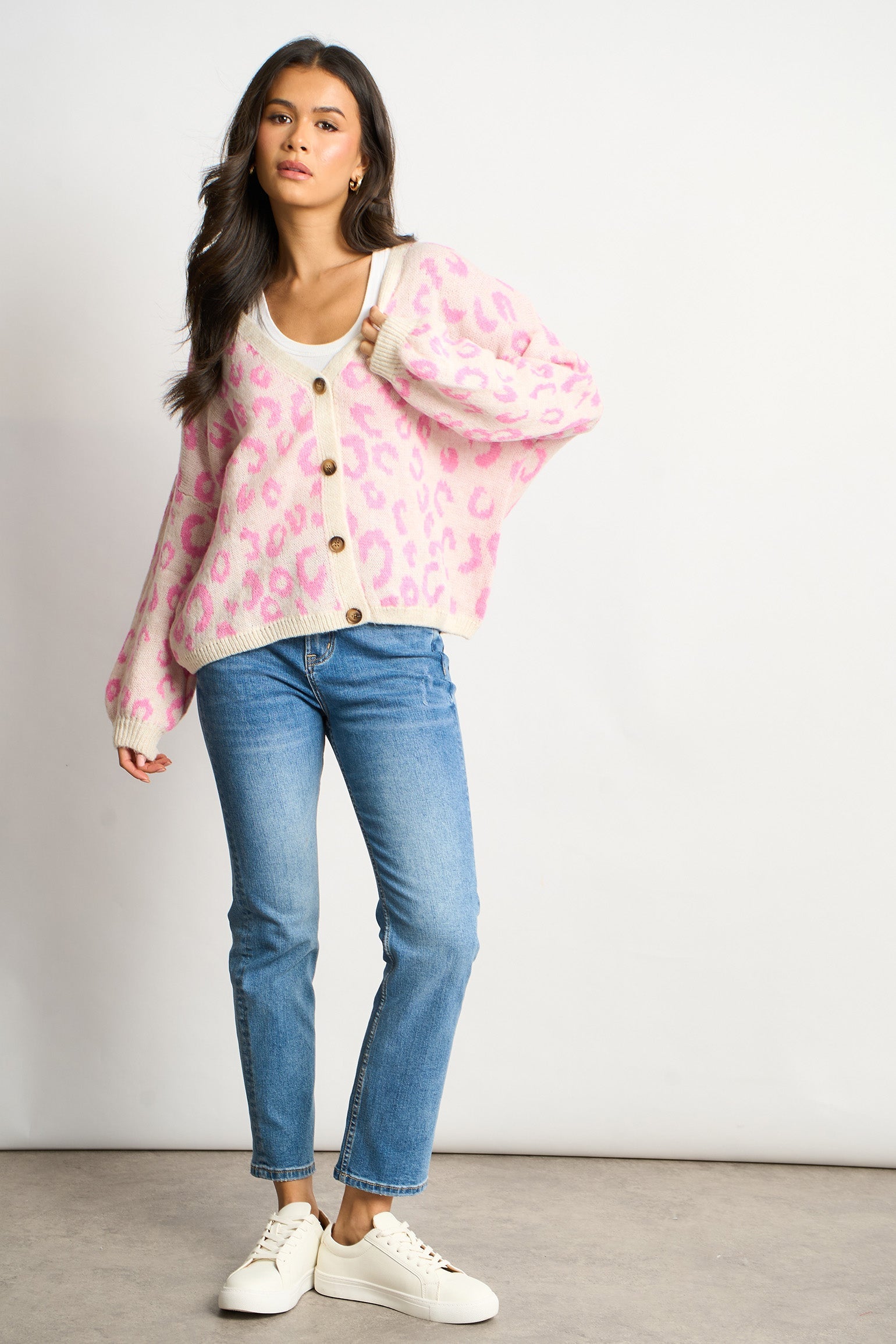 Leopard-Print-Italian-Wool-Blend-Cardigan-in-Cream-Pink-Styled