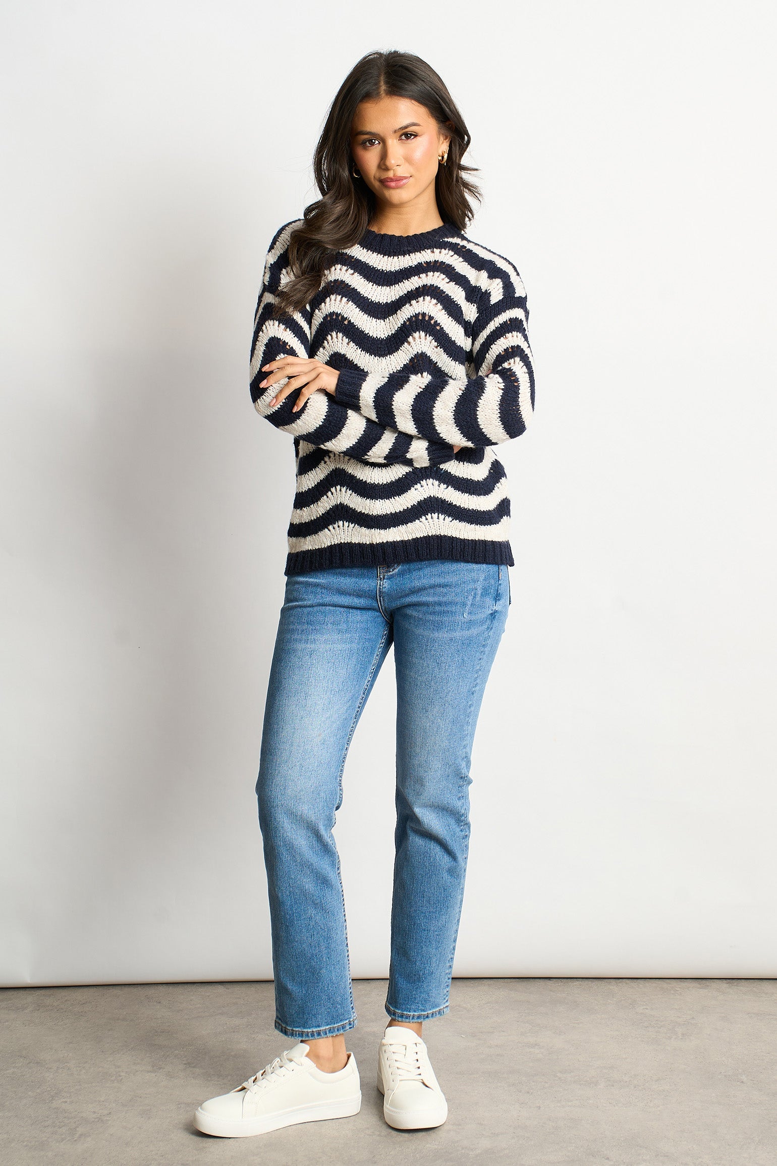 Wave-Stripe-Scalloped-Italian-Wool-Blend-Jumper-in-Cream-Navy-Blue-styled