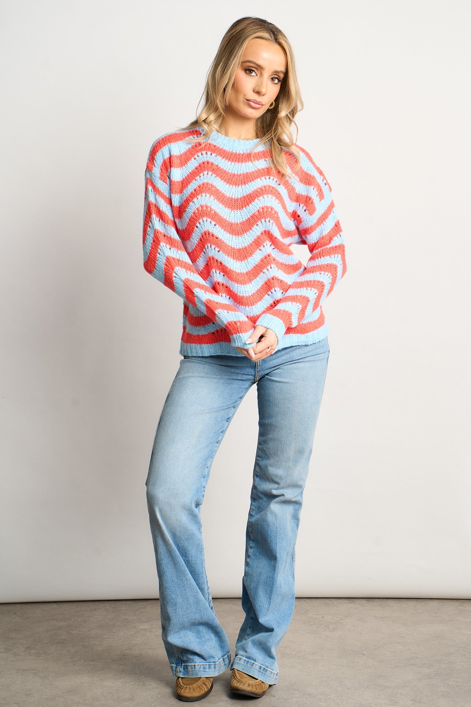 Wave-Stripe-Scalloped-Italian-Wool-Blend-Jumper-in-Blue/Coral-Styled